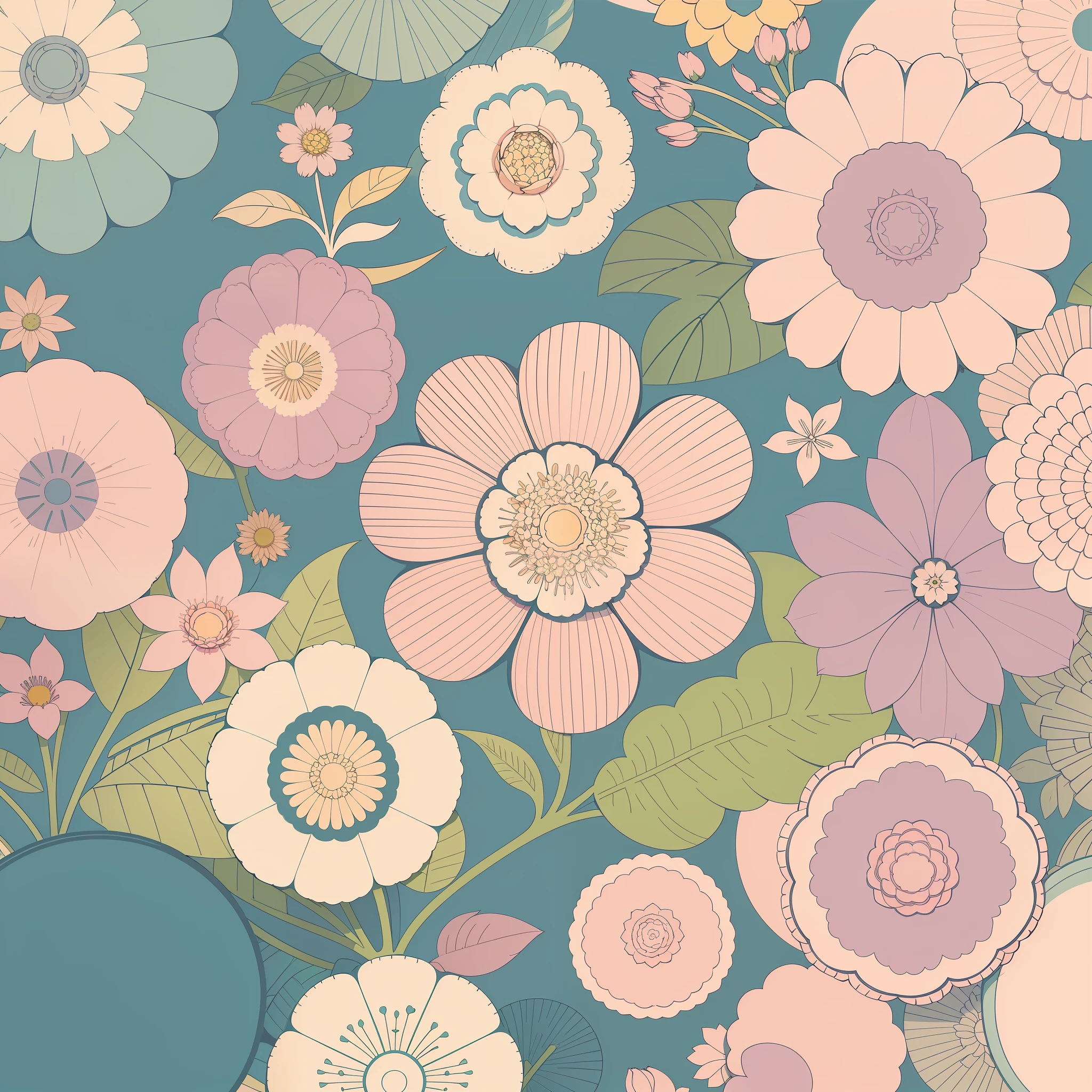 Set pattern of large flowers with plants, defined shape, flat style, vector style, drawing style, naïve style, wallpaper style, in soft pastel colors such as old pink, pastel blue, light blue, beige, pastel yellow. No shadows in the images.