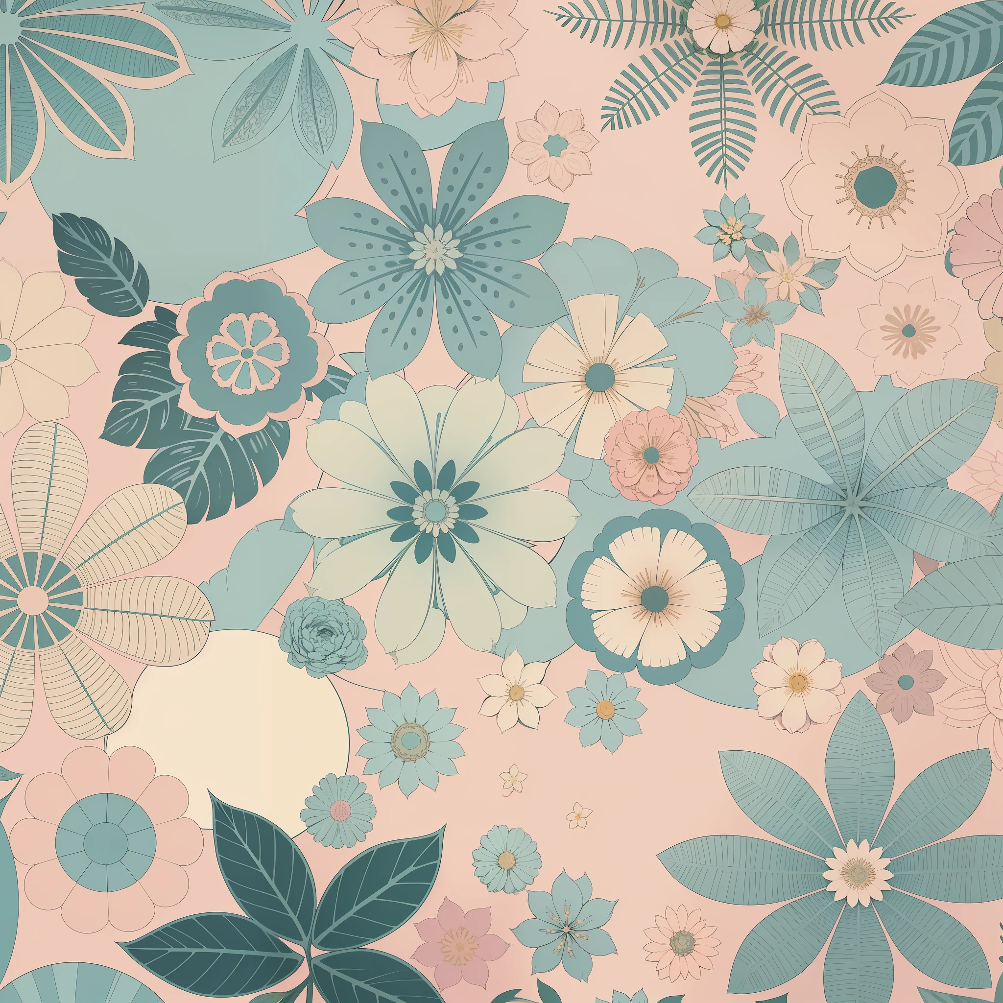 Set pattern of large flowers with plants, defined shape, flat style, vector style, drawing style, naïve style, wallpaper style, in soft pastel colors such as old pink, pastel blue, light blue, beige, pastel yellow. No shadows in the images.