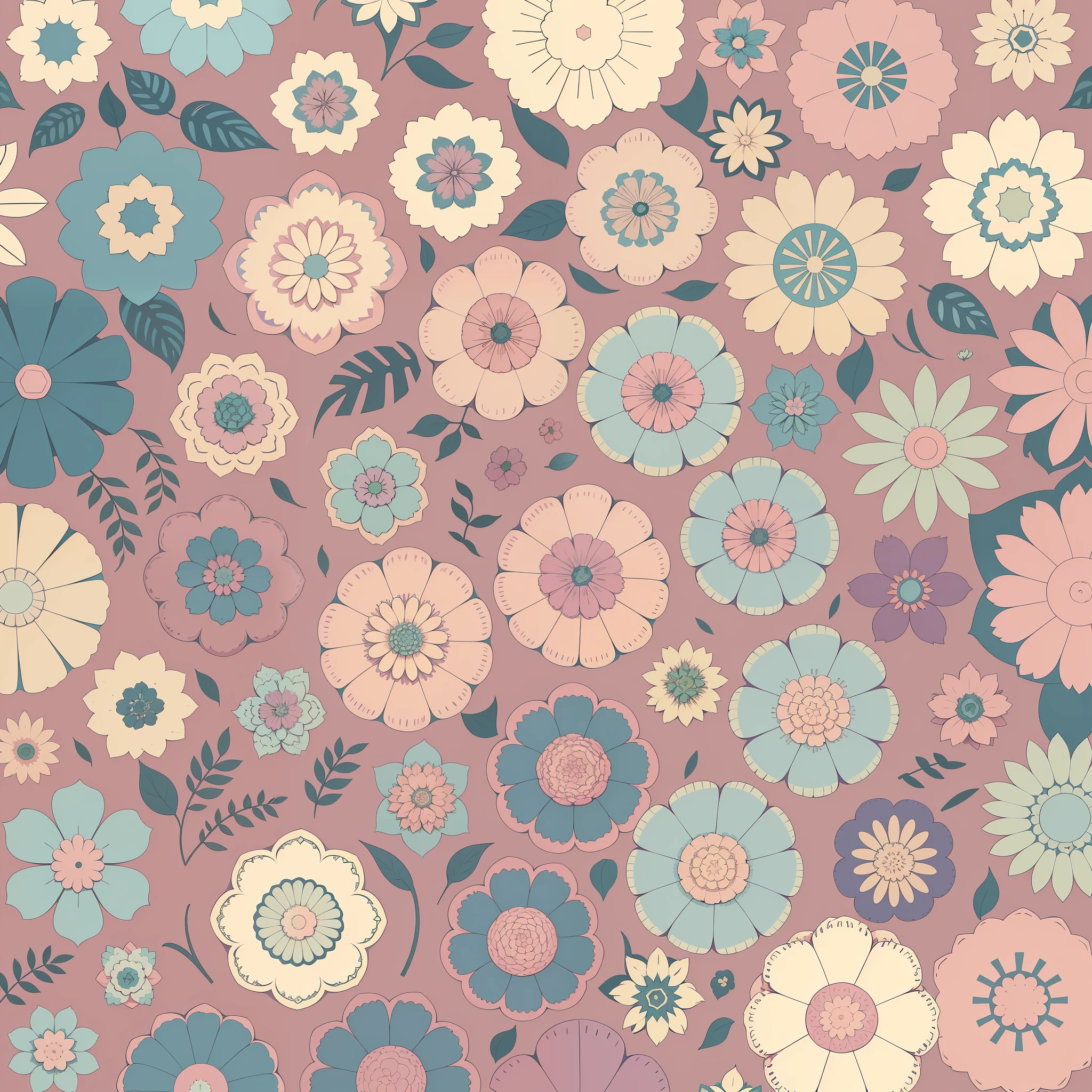 Set pattern of large flowers with plants, defined shape, flat style, vector style, drawing style, naïve style, wallpaper style, in soft pastel colors such as old pink, pastel blue, light blue, beige, pastel yellow. No shadows in the images.