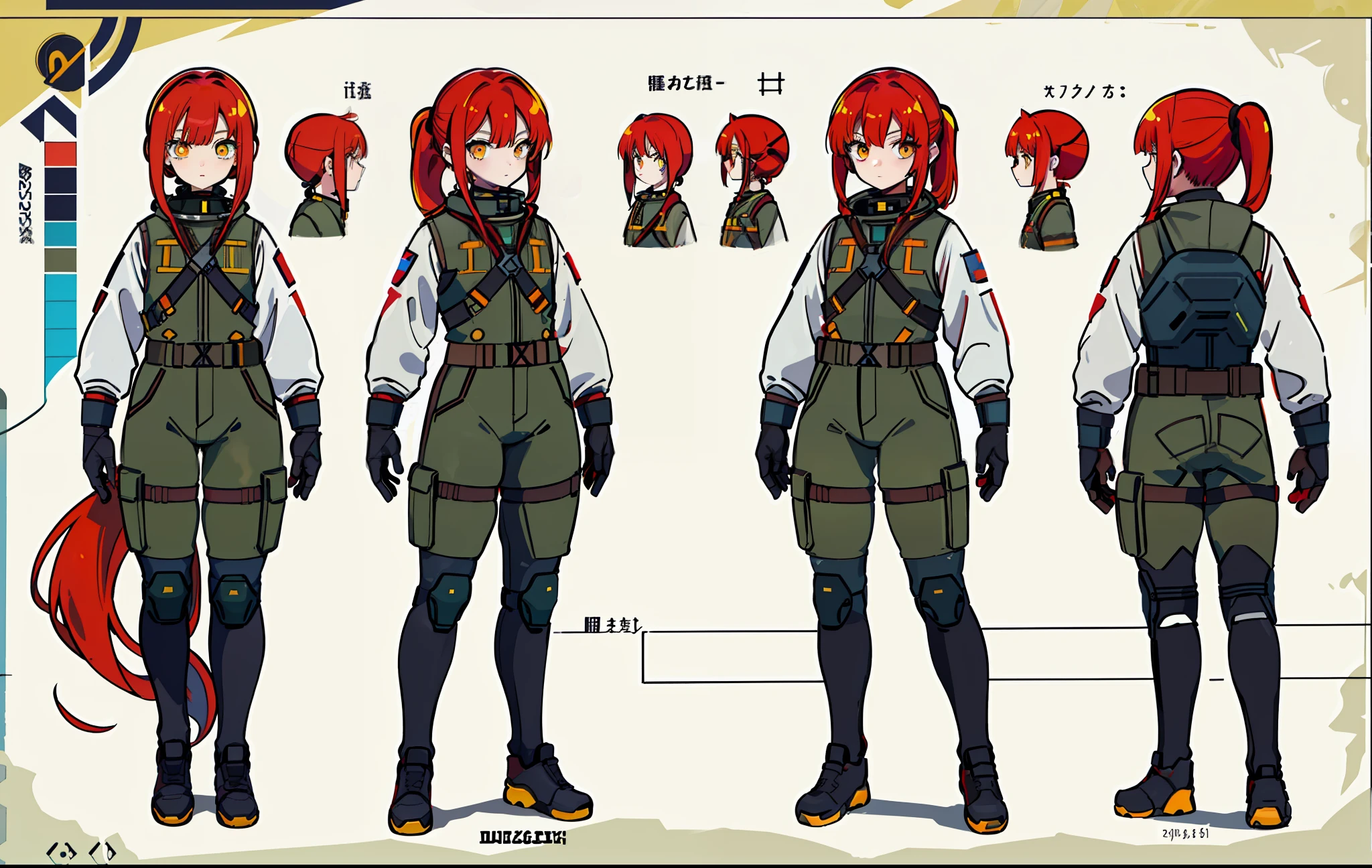 ****ung girl, character sheet, concept art, full body, (masterpiece:1.2), (best quality:1.3), 1girl, standing, diesel-punk, military, hazmat suit, soviet, cosmonaut, baggy sleeves, (red hair), (yellow eyes), (pony tail), (long bangs), (vibrant eyes), (golden hair), (small chest), (large hips), (thick thighs).