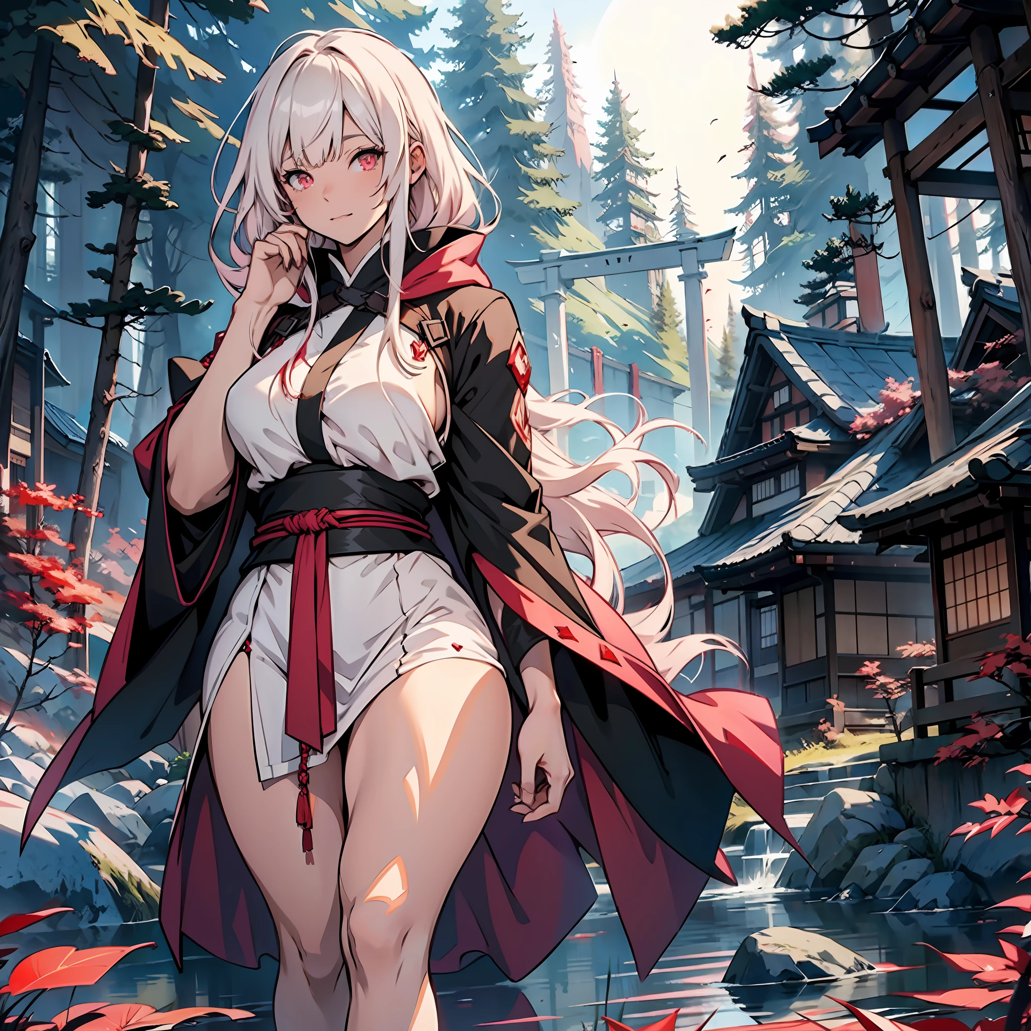 Long white hair, bangs, Japanese woman, short dress of white color with rips, cloak with dark red hood, large breasts, curvy woman, thin waist, thick legs, barefoot, scars on hands, pink colored eyes, black forest scenery, night, fantasy scenery.