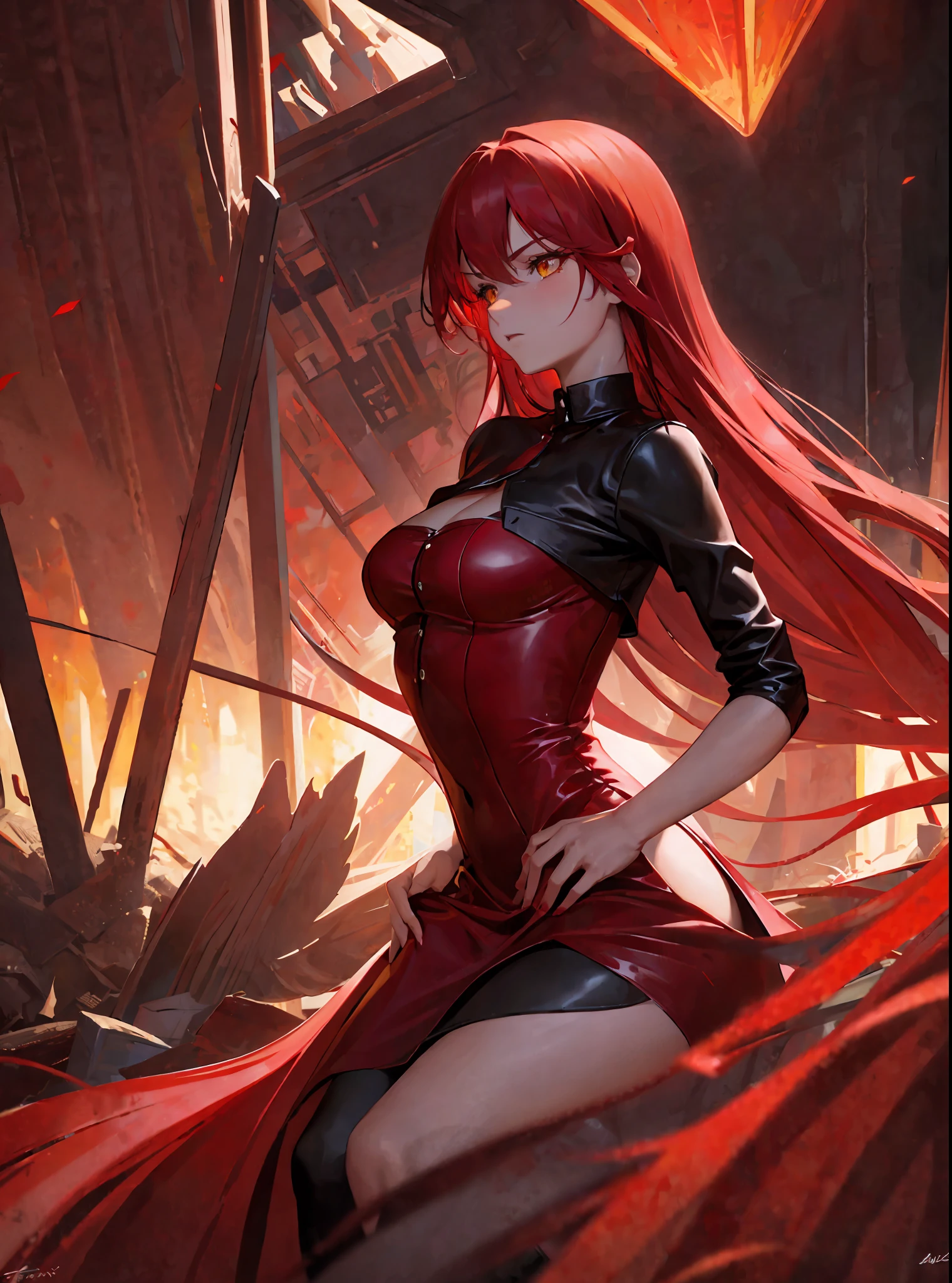 (masterpiece, best quality) an adult woman with very long red hair with short dress, red leather, black bows, long stockings, exposed arms, neckline, black boots, torn clothes, queen, yellow eyes, serious, blood, emotionless, red sky, palace, white walls, luxury, straight bangs, very long red hair, evil, (yellow eyes), gothic, red forest, medium chest, head-to-waist portrait,  cinematics, color oil painting, cinematic lighting, extremely detailed face, finely detailed face, beautiful face, beautiful eyes, perfect lighting, depth of field, realistic proportions, good anatomy,