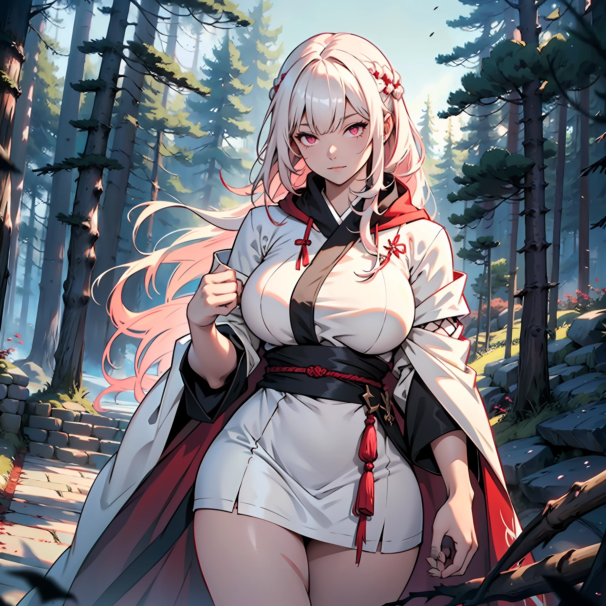 Long white hair, bangs, Japanese woman, short dress of white color with rips, cloak with dark red hood, large breasts, curvy woman, thin waist, thick legs, barefoot, scars on hands, pink colored eyes, black forest scenery, night, fantasy scenery.
