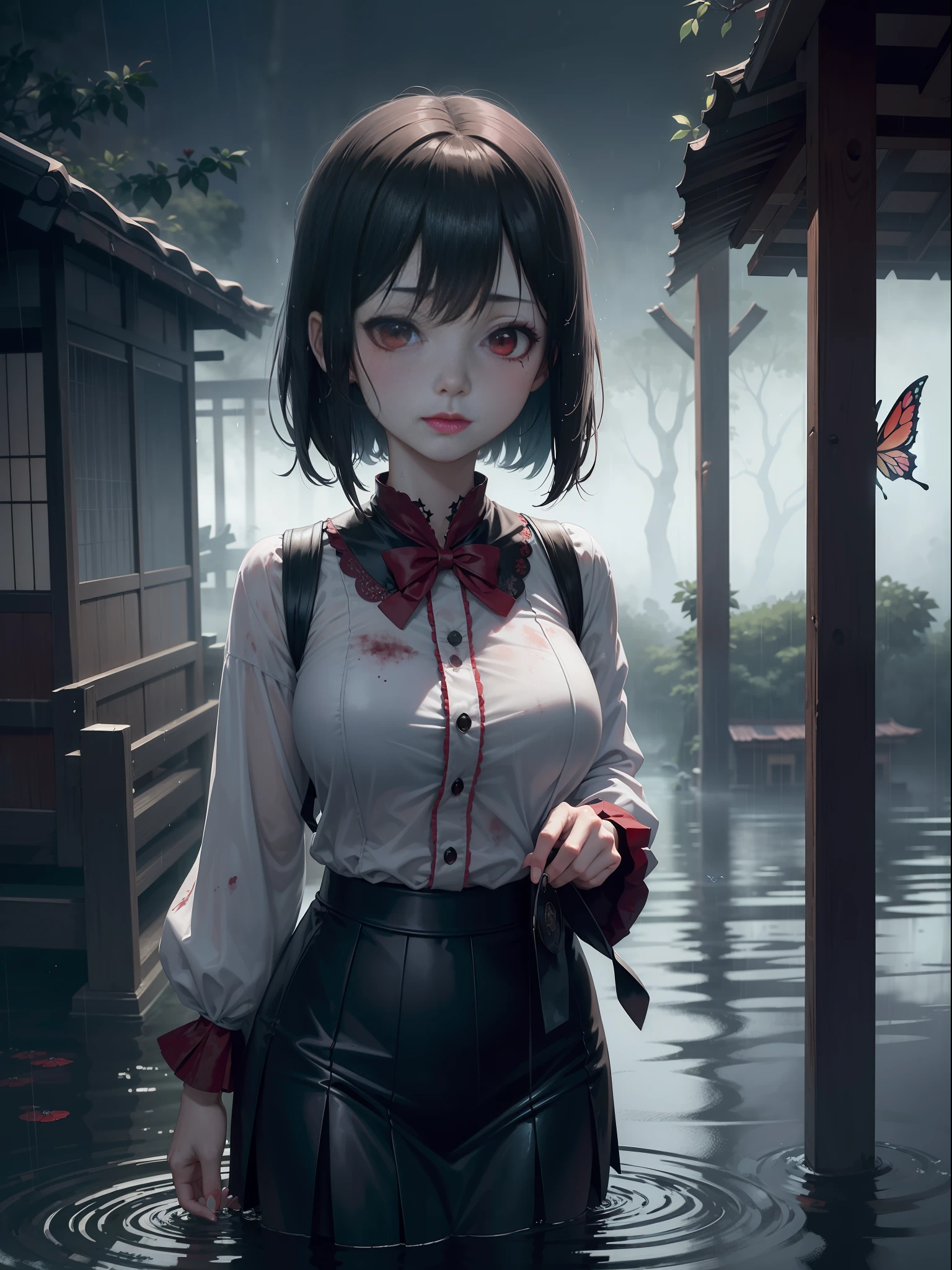 Fatal Frame Crimson butterfly, ((Ghosts)), Terror, Full body photo, (((1 woman and a ghost of a zombie/ghost woman with the decaying body behind her))), she is in a black high school student outfit with a short skirt, she has big breasts, extremely beautiful, she has short black hair, red eyes, red lipstick on her mouth, she is holding an old Camera Obscura, she is in an old Japanese village at night, raining and thundering, she has clothes soaked in transparent water and her hair is all soaked in water. water, Fatal Frame Crimson butterfly, anime, Terror, 16k, best quality, highres, high details, UHD, masterpiece