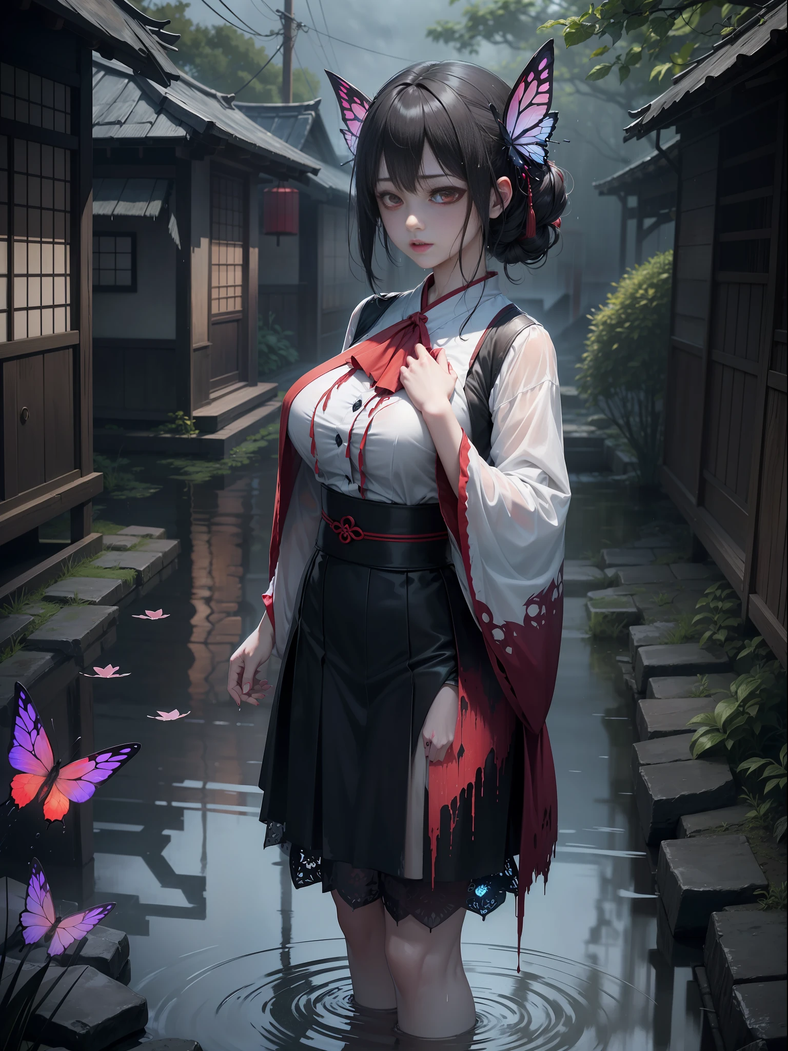 Fatal Frame Crimson butterfly, ((Ghosts)), Terror, Full body photo, (((1 woman and a ghost of a zombie/ghost woman with the decaying body behind her))), she is in a black high school student outfit with a short skirt, she has big breasts, extremely beautiful, she has short black hair, red eyes, red lipstick on her mouth, she is holding an old Camera Obscura, she is in an old Japanese village at night, raining and thundering, she has clothes soaked in transparent water and her hair is all soaked in water. water, Fatal Frame Crimson butterfly, anime, Terror, 16k, best quality, highres, high details, UHD, masterpiece