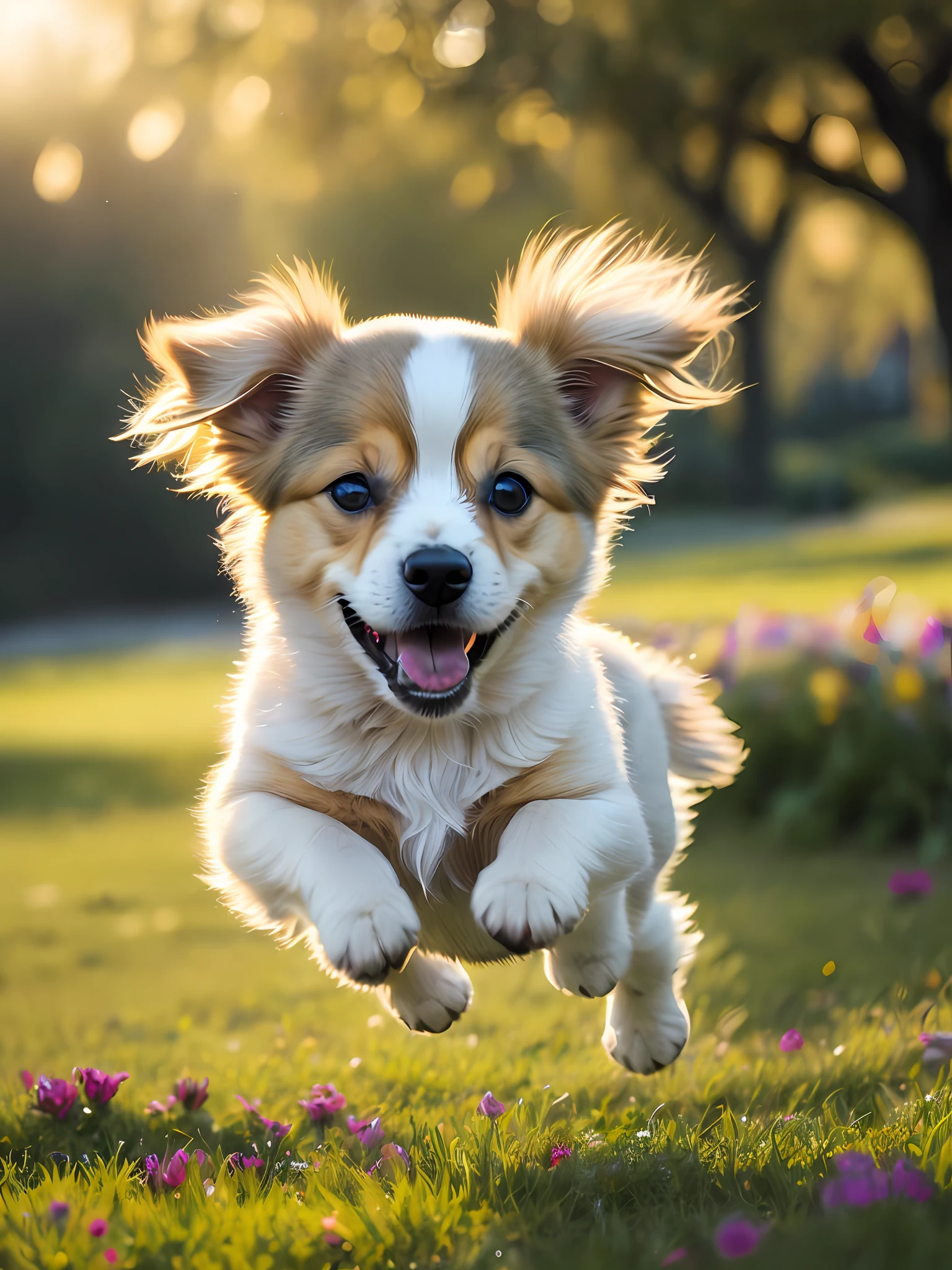 close-up photo of a puppy jumping very cute in the park with flowers, excellent detailing, soft volumetric lighting (backlighting:1.3), amazing cinematics (cinematics:1.2), intricate details (ArtStation:1.3), stunning details (Rutkowski)