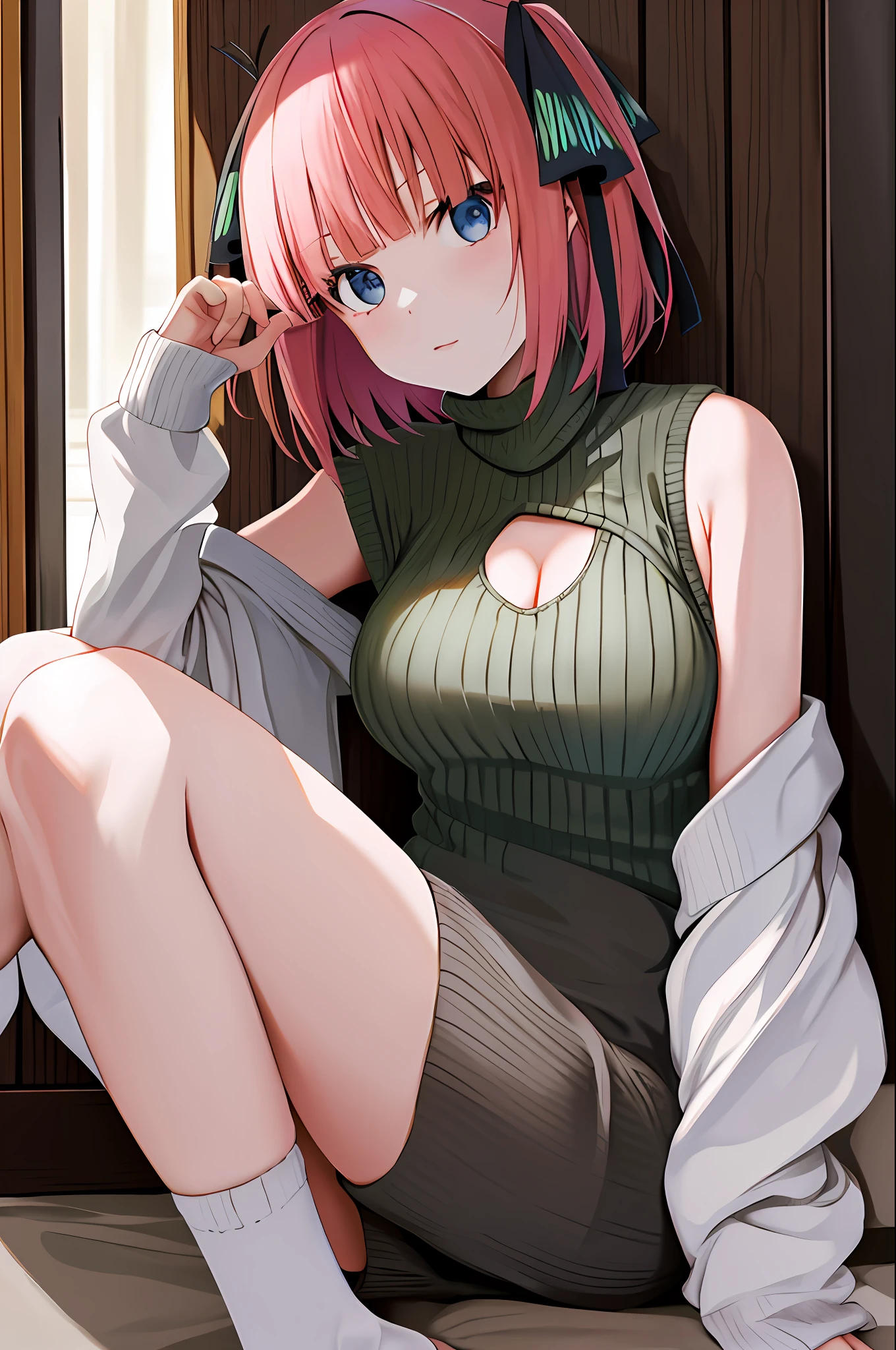 masterpiece, best quality, highres, nn1,1girl, hair ribbon, short hair, sitting, indoors, turtleneck sweater, sweater dress, sleeveless, cleavage cutout, legs, Nakano Nino, breast out, virgin killer sweater,