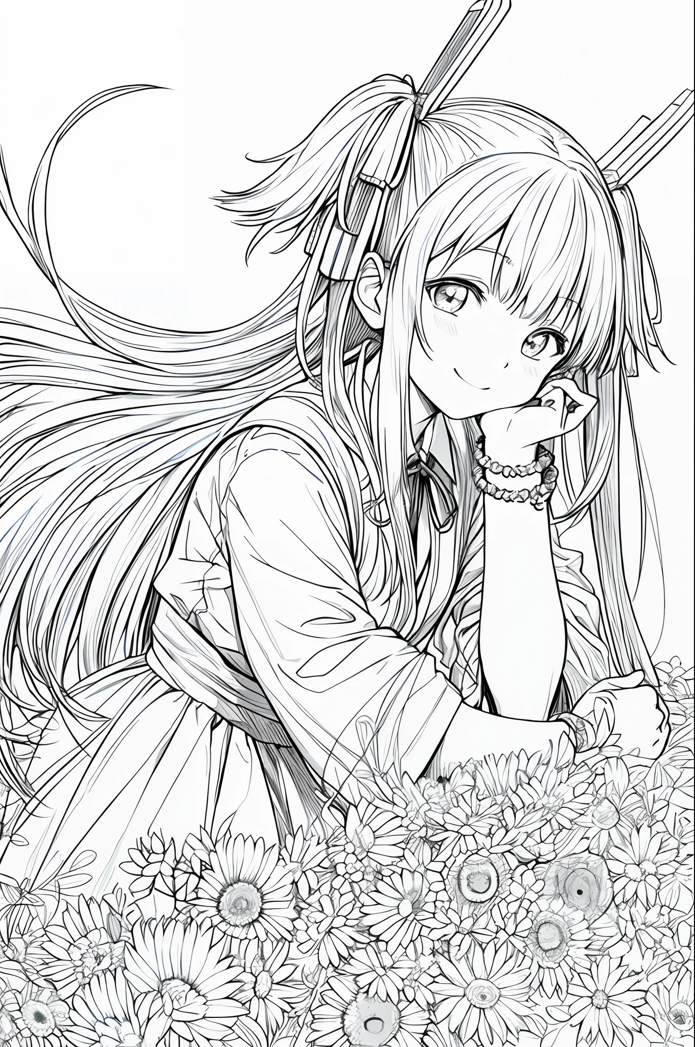 masterpiece, best quality, Miko Yotsuya, girl alone, long hair, staring viewer, smile, uniform, girl, very long hair, hair ribbon, flower, bracelet, two side up, hands on their face, headrests, hands on cheeks, line art, monochrome,