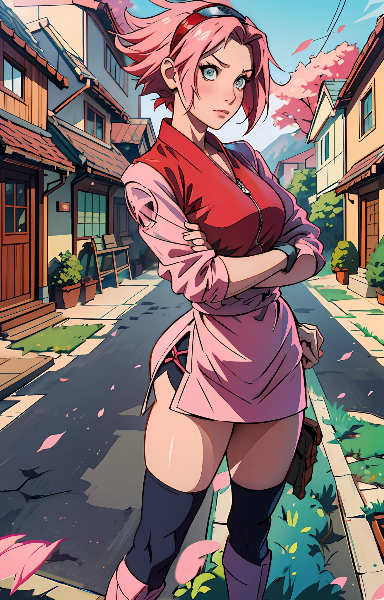 Sakura haruno, ANIME NARUTO, NINJA, ((forehead the show)), attractive, wearing a ((red blouse)), pink hair, delicate, young, short hair, detailed face, in a village, full body, looking at the viewer, bandana on the head, trend in art by rhads, andreas rocha, rossdraws, makoto shinkai, laurie greasley, lois van baarle, ilya kuvshinov and greg rutkowski