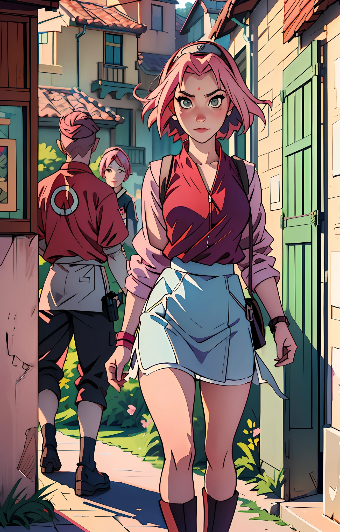 Sakura haruno, ANIME NARUTO, NINJA, ((forehead the show)), attractive, wearing a ((red blouse)), pink hair, delicate, young, short hair, detailed face, in a village, full body, looking at the viewer, bandana on the head, trend in art by rhads, andreas rocha, rossdraws, makoto shinkai, laurie greasley, lois van baarle, ilya kuvshinov and greg rutkowski