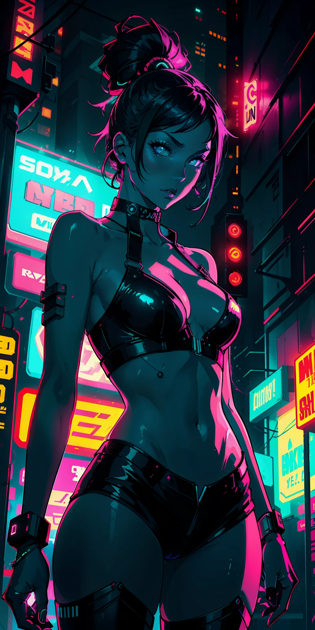 Gorgeous Woman ( neon cyberpunk ), neon sings, neon lighting, rtx lighting