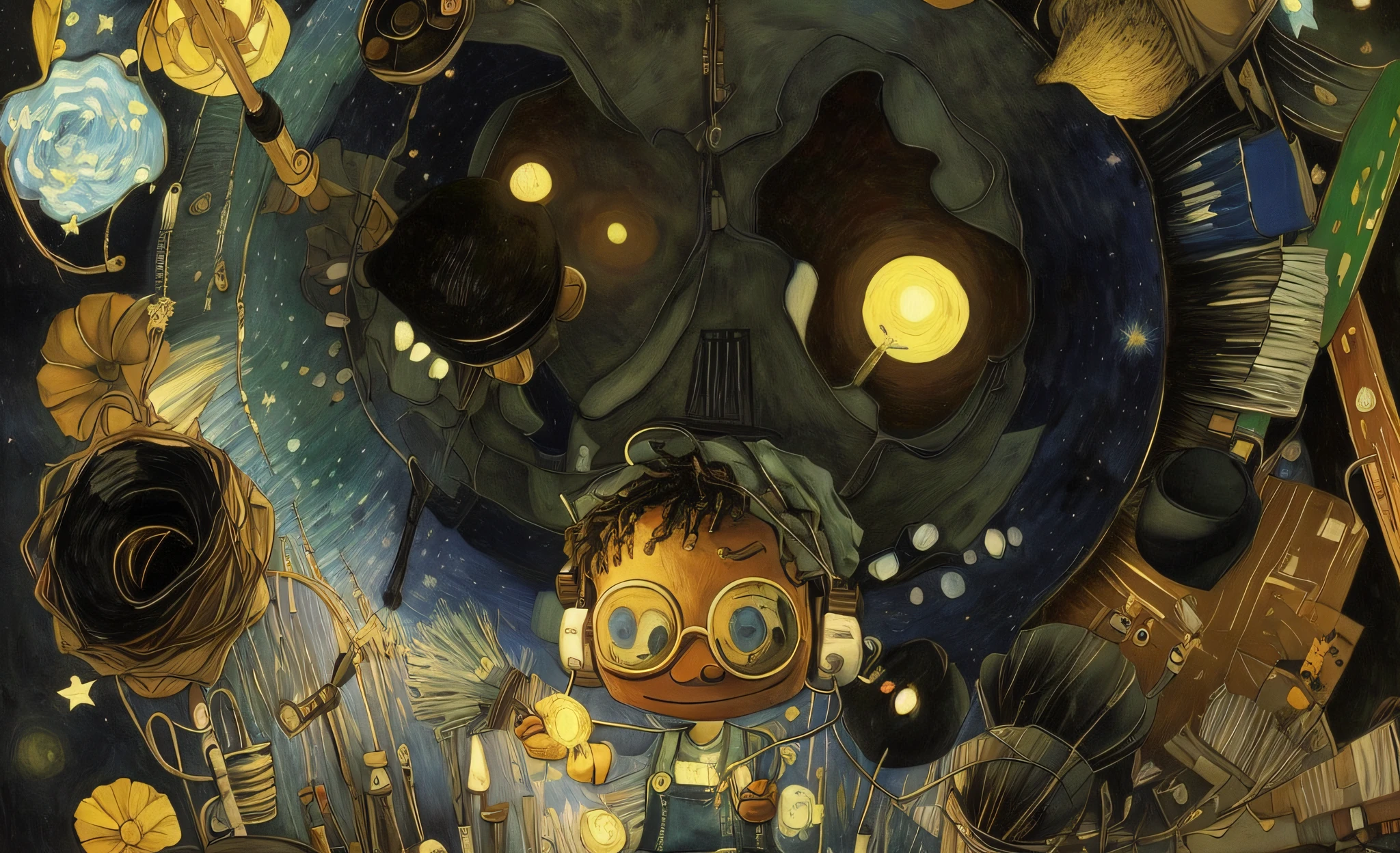 A black boy, round glasses, apron, painter, holding a brush, beanie, headphones, painting, happy, happy, perfect quality, clear focus, children's art in ArtStation (clutter - house: 0.8), (masterpiece: 1.2) (realistic: 1.2) (bokeh) (best quality) (detailed skin: 1.3) (intricate details) (8K) (detail eyes) (sharp focus), (happy), in the background van gogh's starry night, starry night painting,  Beautiful UHD Art 4 K, Starry Night, by Van Gogh, Starry Night!!!!!!!!!!!!!!!!!!!!, Van Gogh Painting