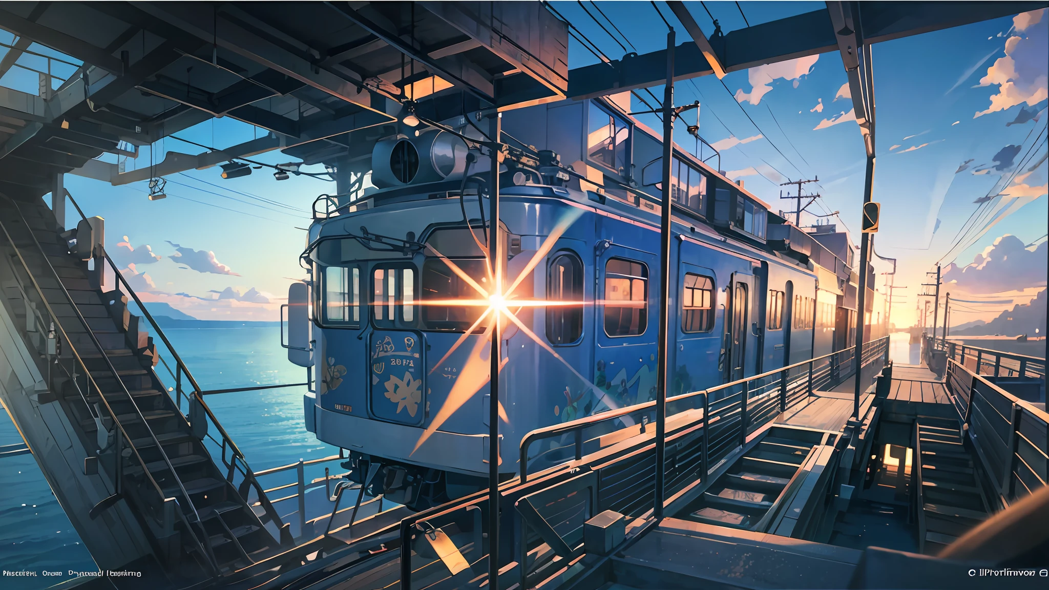 Masterpiece, anime train on tracks through bodies of water, pictures by Makoto Shinkai, pixiv, concept art, breathtaking views. lofi art style, reflections. by makoto shinkai, lofi art, beautiful anime scenes, anime scenery, detailed scenery—width 672, in style of makoto shinkai, style of makoto shinkai, details enhanced. --auto --s2