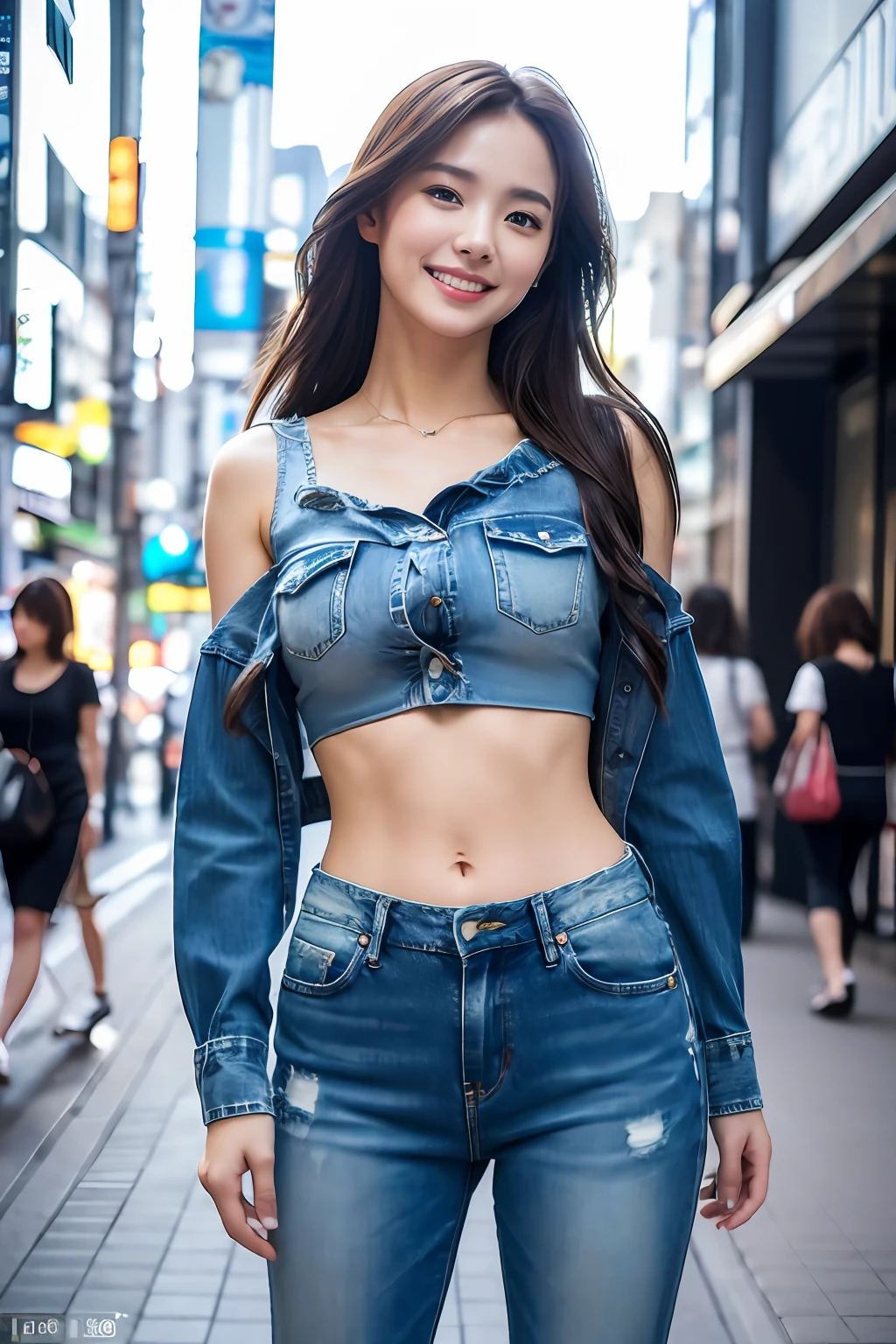 best quality, masterpiece, ultra high res, 8K, raw, (photo realistic:1.4), professional lighting, low angle, 1 girl, (detailed background:1.5), tokyo shibuya street, full body, slender, dynamic pose, cute, smile, tiny , detailed clothes, crop_top, light blue, ripped wide jeans