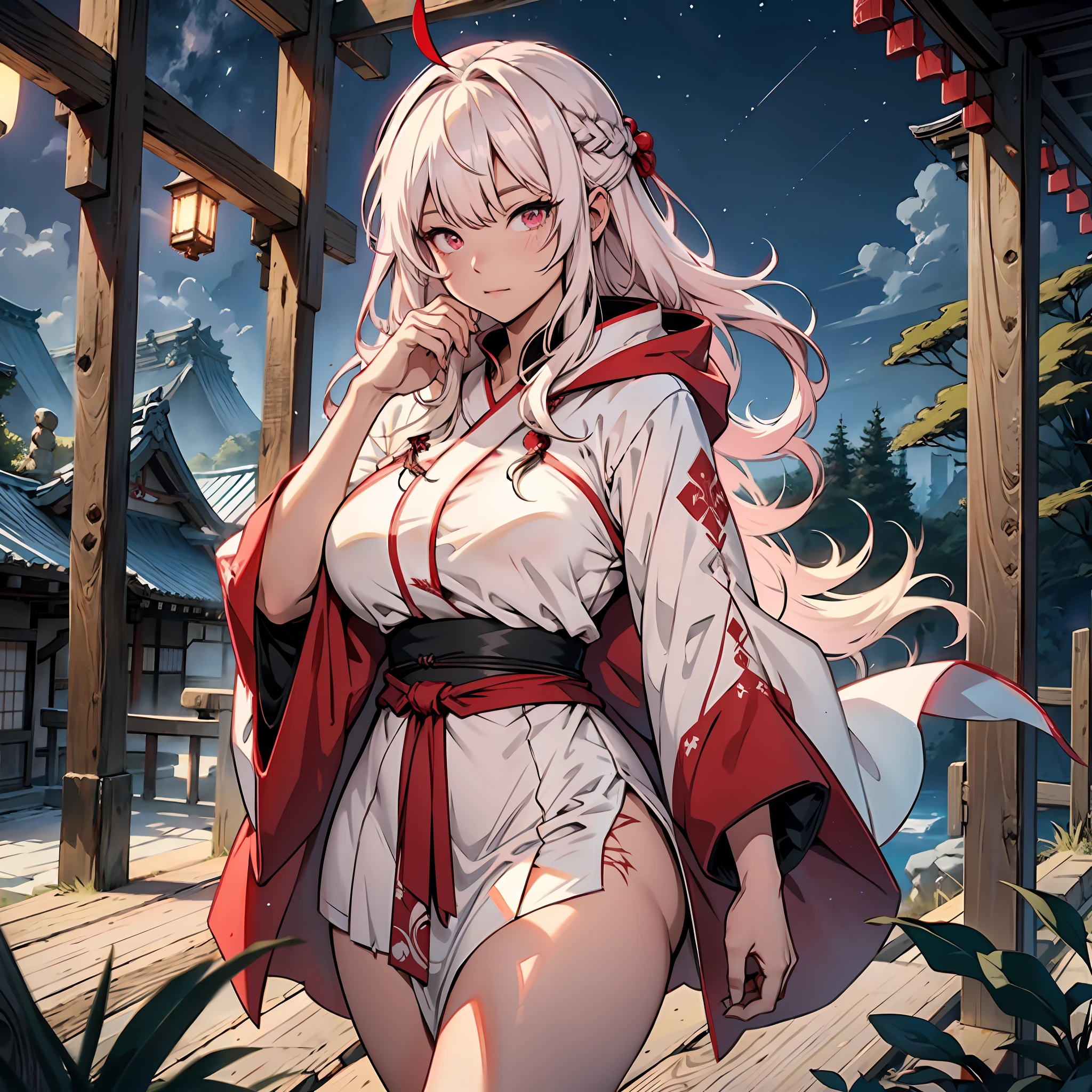 Long white hair, bangs, Japanese woman, short dress of white color with rips, cloak with dark red hood, large breasts, curvy woman, thin waist, thick legs, barefoot, scars on hands, pink colored eyes, old hut scenery, night, fantasy scenery.