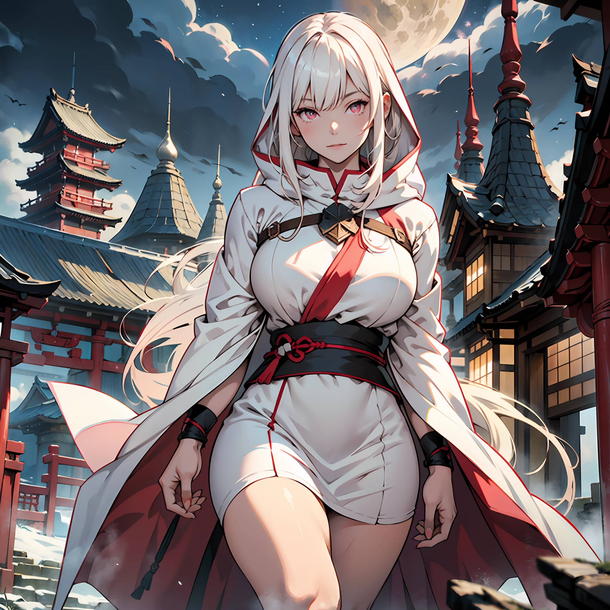 Long white hair, bangs, Japanese woman, short dress of white color with rips, cloak with dark red hood, large breasts, curvy woman, thin waist, thick legs, barefoot, scars on hands, pink colored eyes, dark castle scenery, night, fantasy scenery.