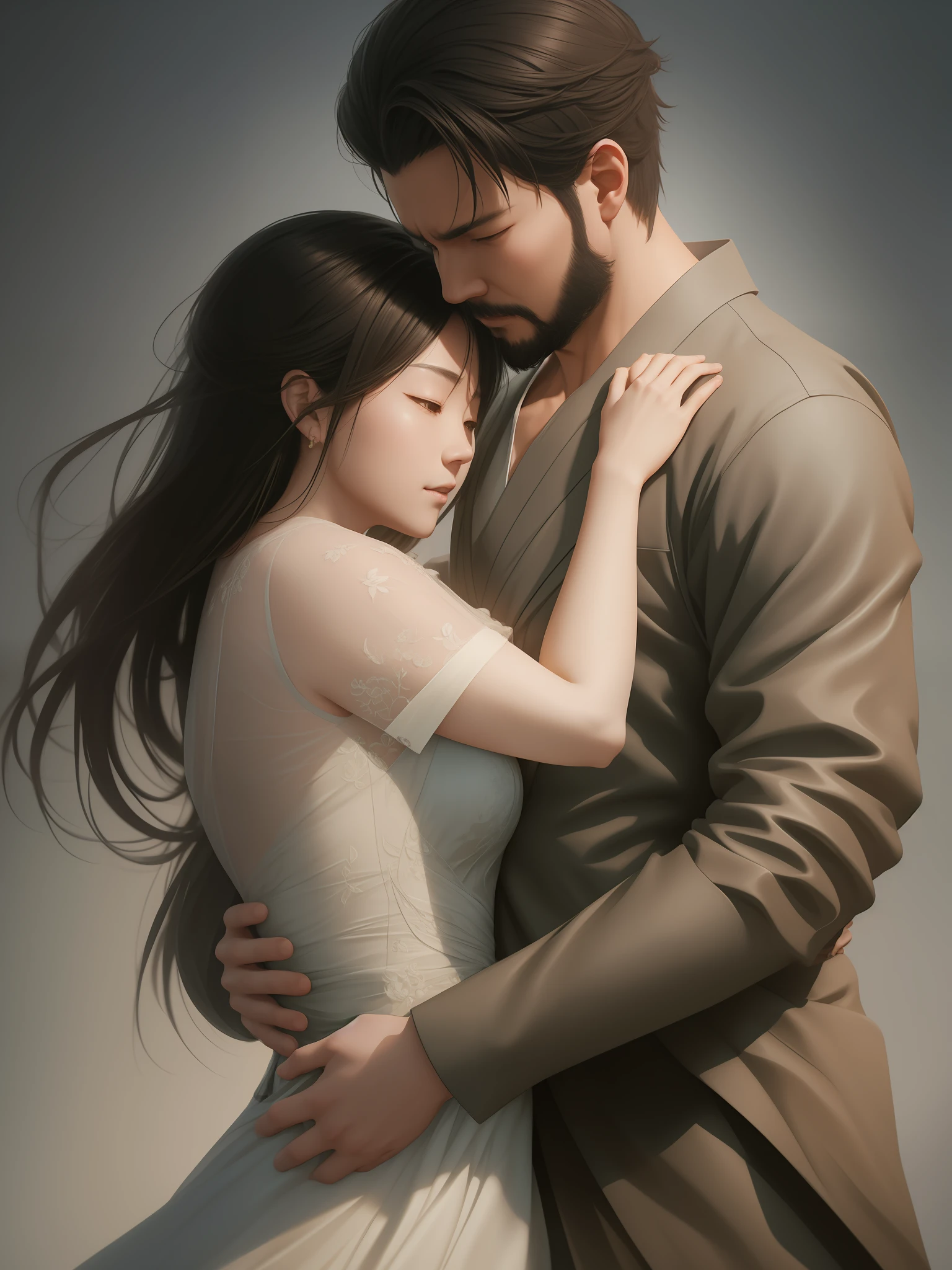 woman and man in love hugging each other, highly detailed, 8k resolution, Tooth Wu, WLOP, Stanley Artgerm Lau, Ruan Jia and Fenghua Zhong, trending on ArtStation, subtle muted cinematic colors, made in Maya, Blender and Photoshop, octane render, excellent composition, cinematic atmosphere, dynamic dramatic cinematic lighting,