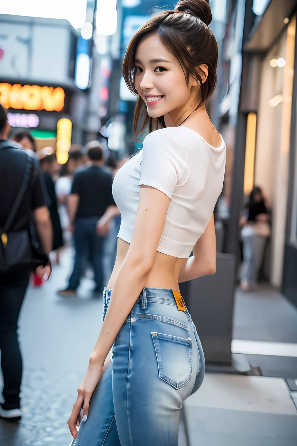 best quality, masterpiece, ultra high res, 8K, raw, (photo realistic:1.4), professional lighting, low angle, 1 girl, (detailed background:1.5), tokyo shibuya street, full body, slender, dynamic pose, cute, smile, tiny breasts, detailed clothes, crop_top, (white, ripped wide jeans)