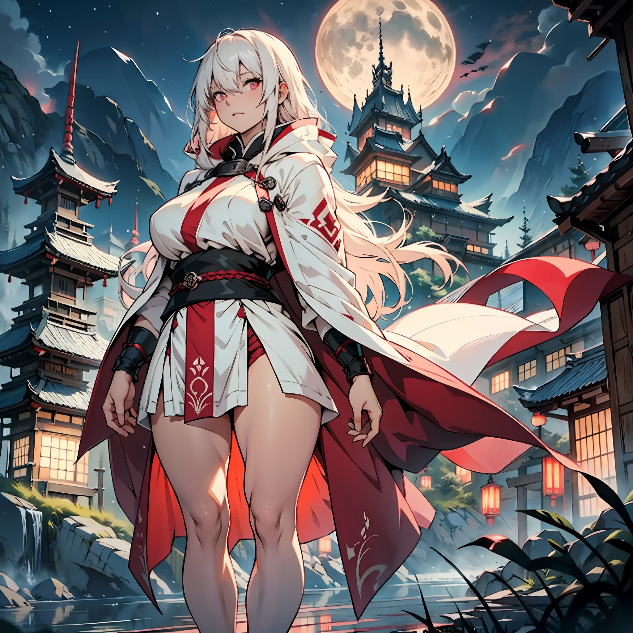 Long white hair, bangs, Japanese woman, short dress of white color with rips, cloak with dark red hood, large breasts, curvy woman, thin waist, thick legs, barefoot, scars on hands, pink colored eyes, dark castle scenery, night, fantasy scenery.