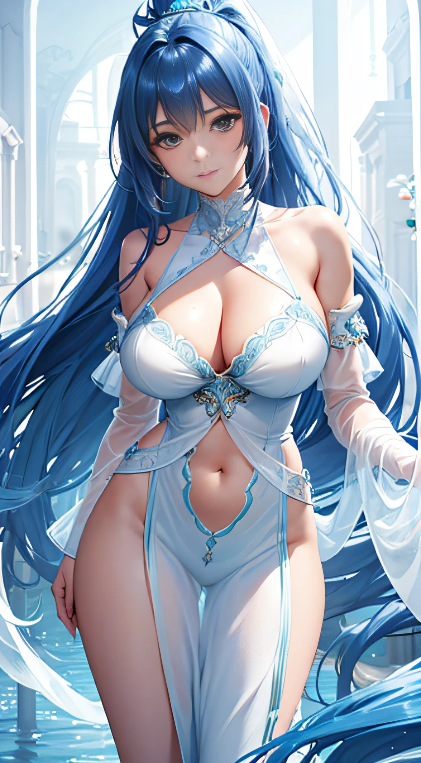 best quality,ultra detailed 8k CG,goddess,upper-body,big breasts,narrow waist,wide hip,high-ponytail light-blue long hair,looking at viewer,view straight on,off-shoulder top,white silk translucent shiny flowing shawl,light-blue flowing fluttering-ribbons,shiny skin,cinematic bloom,volumetric lighting