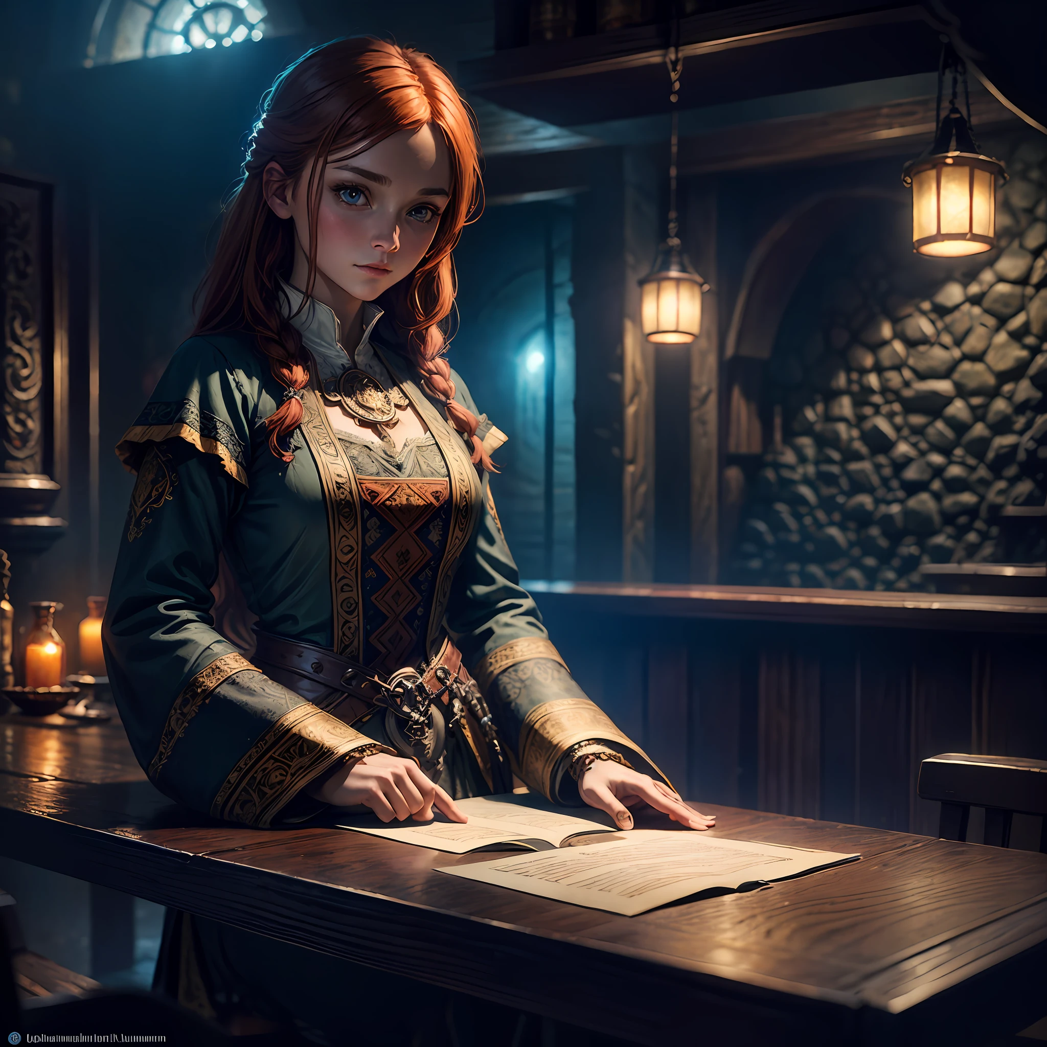 young ginger woman, medieval tale tavern, intricately detailed colorful interior, detailed intense sunrise lightning, best geometry, award wining masterpiece, ultra intricate shadows and lighting, best lighting, best shadows, intricate busy setting, ultra detailed intricate background, trending on art station, global illumination, selfilluminated, bioluminescence, midjorney style, art by Albert Bierstadt