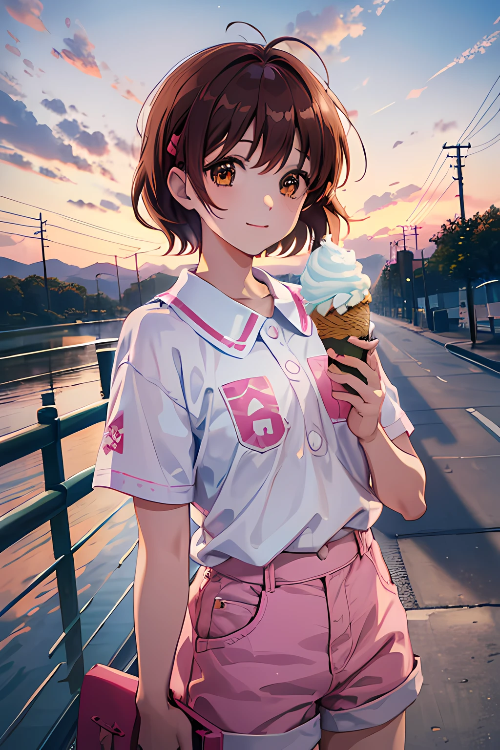 furukawa nagisa, pink shirt, white shorts, (cowboy shot), {{{holding ice cream}}}, scenic sky background, (dutch angle, posing), {smiling}, scan, masterpiece, (highres 1.2), (ultra-detailed 1.2), detailed render, (high quality, absurdres, masterpiece)
