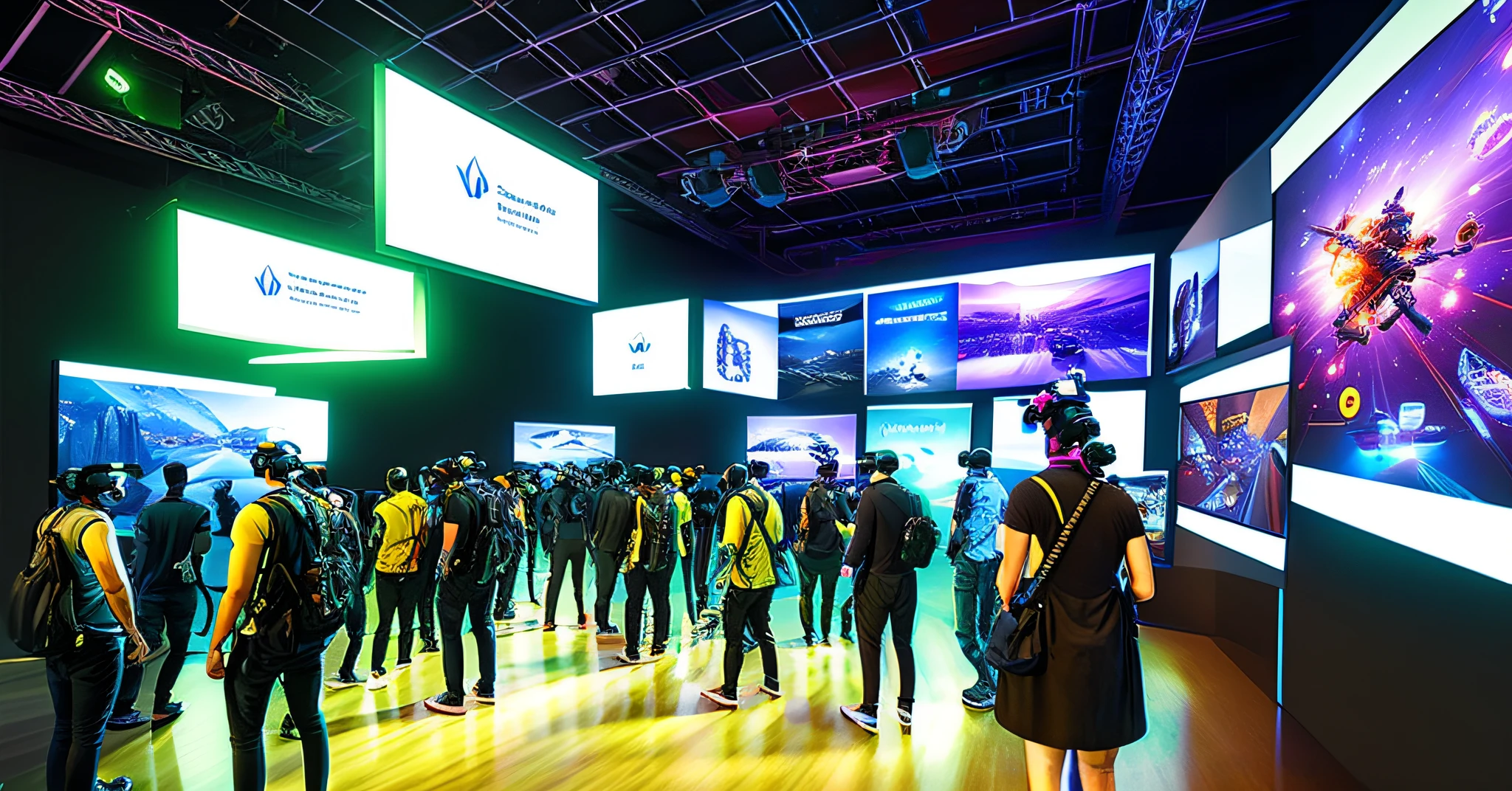 Virtual reality gaming conference, where visitors are immersed in various futuristic worlds. Immersive, highly detailed digital painting. Atmospheric lighting, film composition