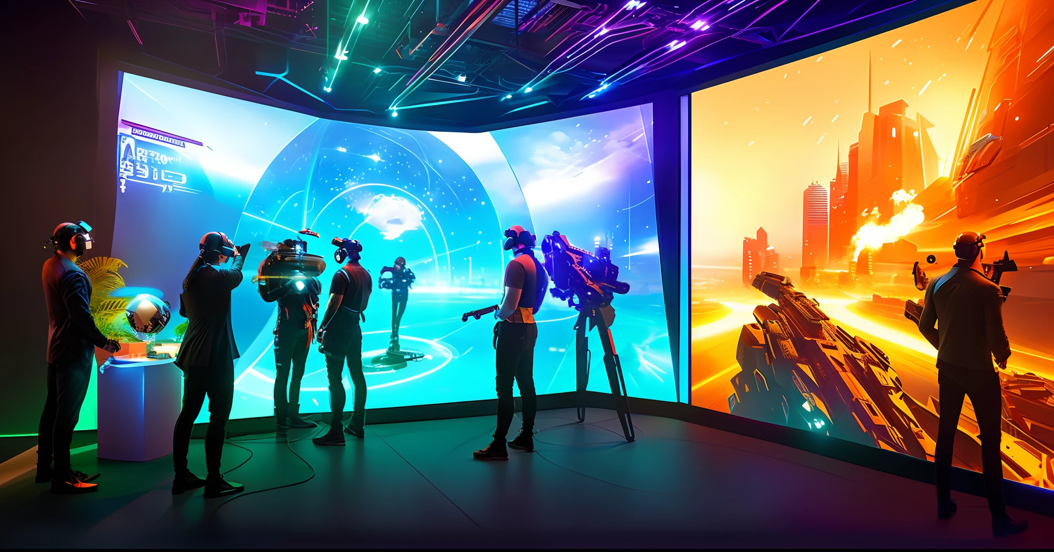 Virtual reality gaming conference, where visitors are immersed in various futuristic worlds. Immersive, highly detailed digital painting. Atmospheric lighting, film composition