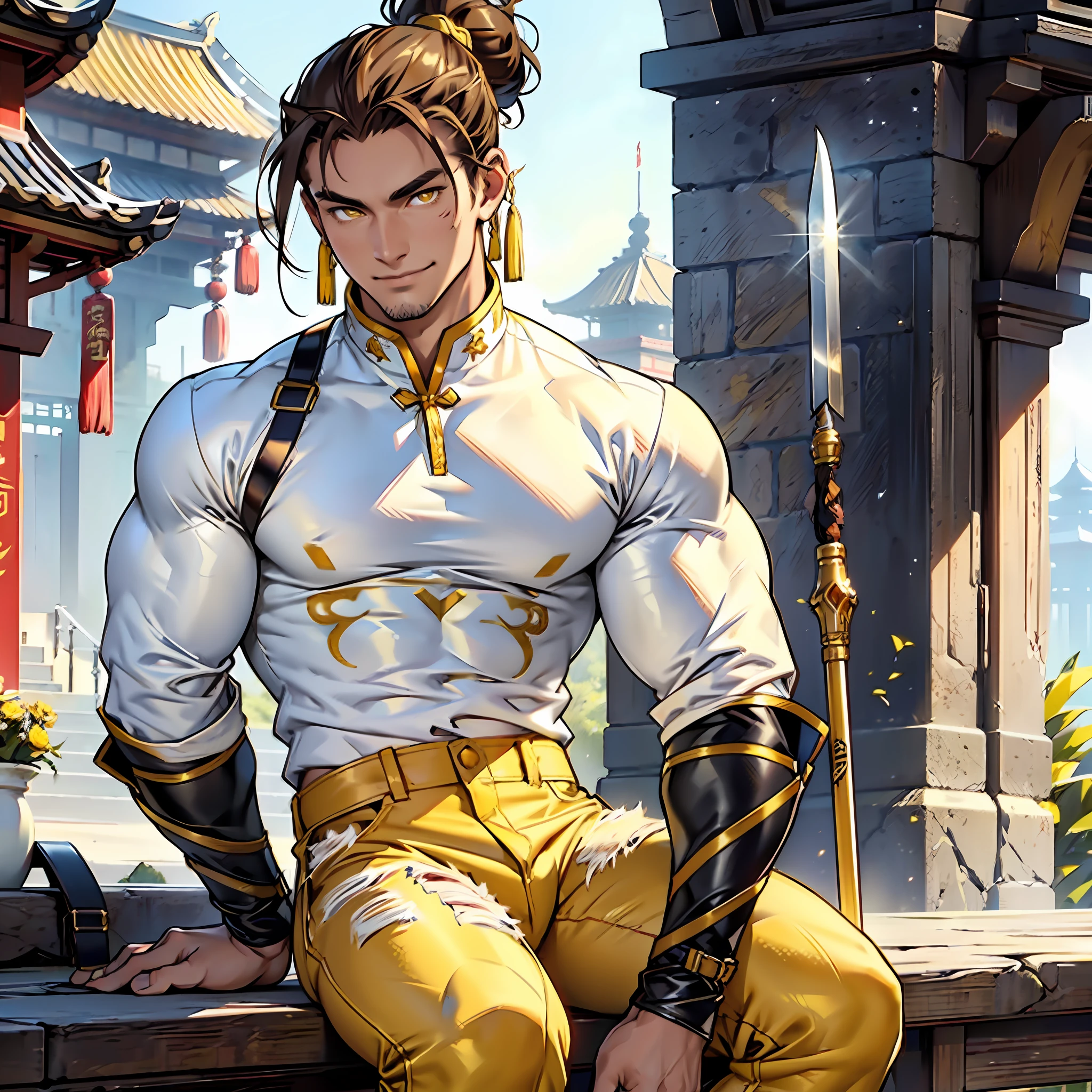 Muscular man, alone, holding a golden spear, hair tied in bun, dark brown hair, Chinese-looking man, ((burnt yellow social blouse, long white jeans)), black military boot, smile, yellow colored eyes, castle, costume.