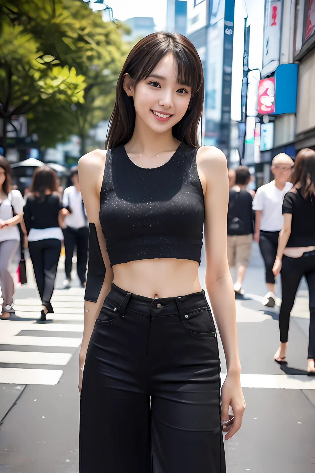best quality, masterpiece, ultra high res, 8K, raw, (photo realistic:1.4), professional lighting, low angle, 1 girl, (detailed background:1.5), tokyo shibuya street, full body, slender, dynamic pose, cute, smile, tiny breasts, detailed clothes, crop_top, (black, wide Leg pants:1.3)