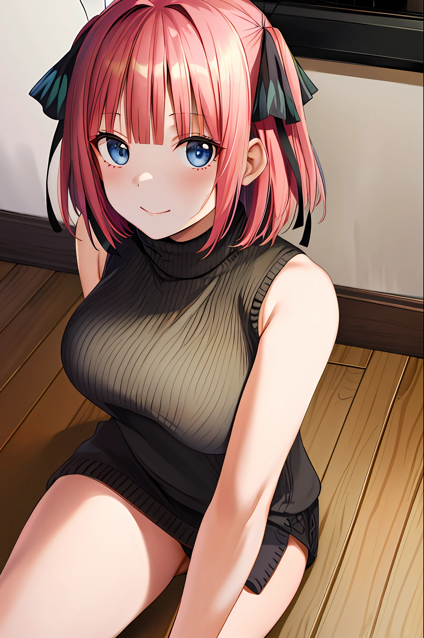 masterpiece, best quality, highres, nn1,1girl, hair ribbon, short hair, sitting, indoors, turtleneck sweater, sweater dress, sleeveless, cleavage cutout, legs, Nakano Nino, breast out, virgin killer sweater,