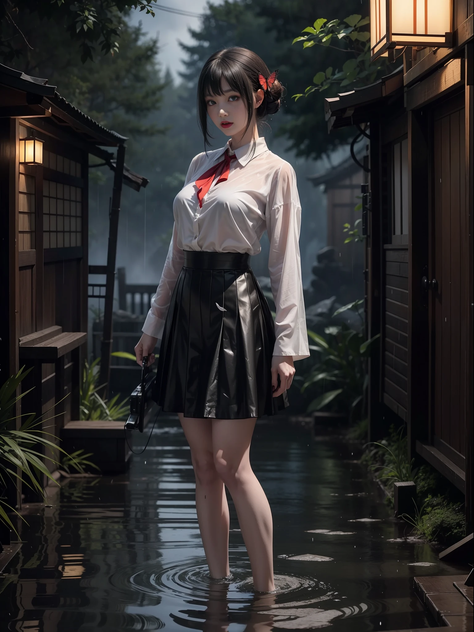Full body photo, Fatal Frame Crimson butterfly, ((Ghosts)), Terror, "1 woman and a ghost of a zombie/ghost woman with the decaying body behind her", she "is in a black high school student outfit with a short skirt, she has big breasts, extremely beautiful, she has short black hair, red eyes, red lipstick on her mouth, she is holding an old Camera Obscura", she is in an old Japanese village at night, raining and thundering, she has clothes soaked in transparent water and her hair is all soaked in water. water, Fatal Frame Crimson butterfly, anime, Terror, 16k, best quality, highres, high details, UHD, masterpiece