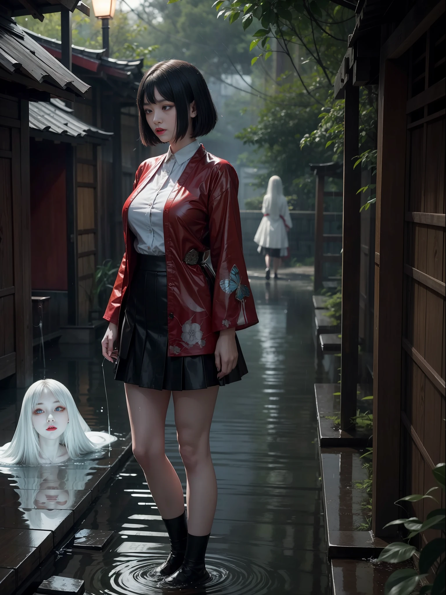 Full body photo, Fatal Frame Crimson butterfly, ((Ghosts)), Terror, "1 woman and a ghost of a zombie/ghost woman with the decaying body behind her", she "is in a black high school student outfit with a short skirt, she has big breasts, extremely beautiful, she has short black hair, red eyes, red lipstick on her mouth, she is holding an old Camera Obscura", she is in an old Japanese village at night, raining and thundering, she has clothes soaked in transparent water and her hair is all soaked in water. water, Fatal Frame Crimson butterfly, anime, Terror, 16k, best quality, highres, high details, UHD, masterpiece