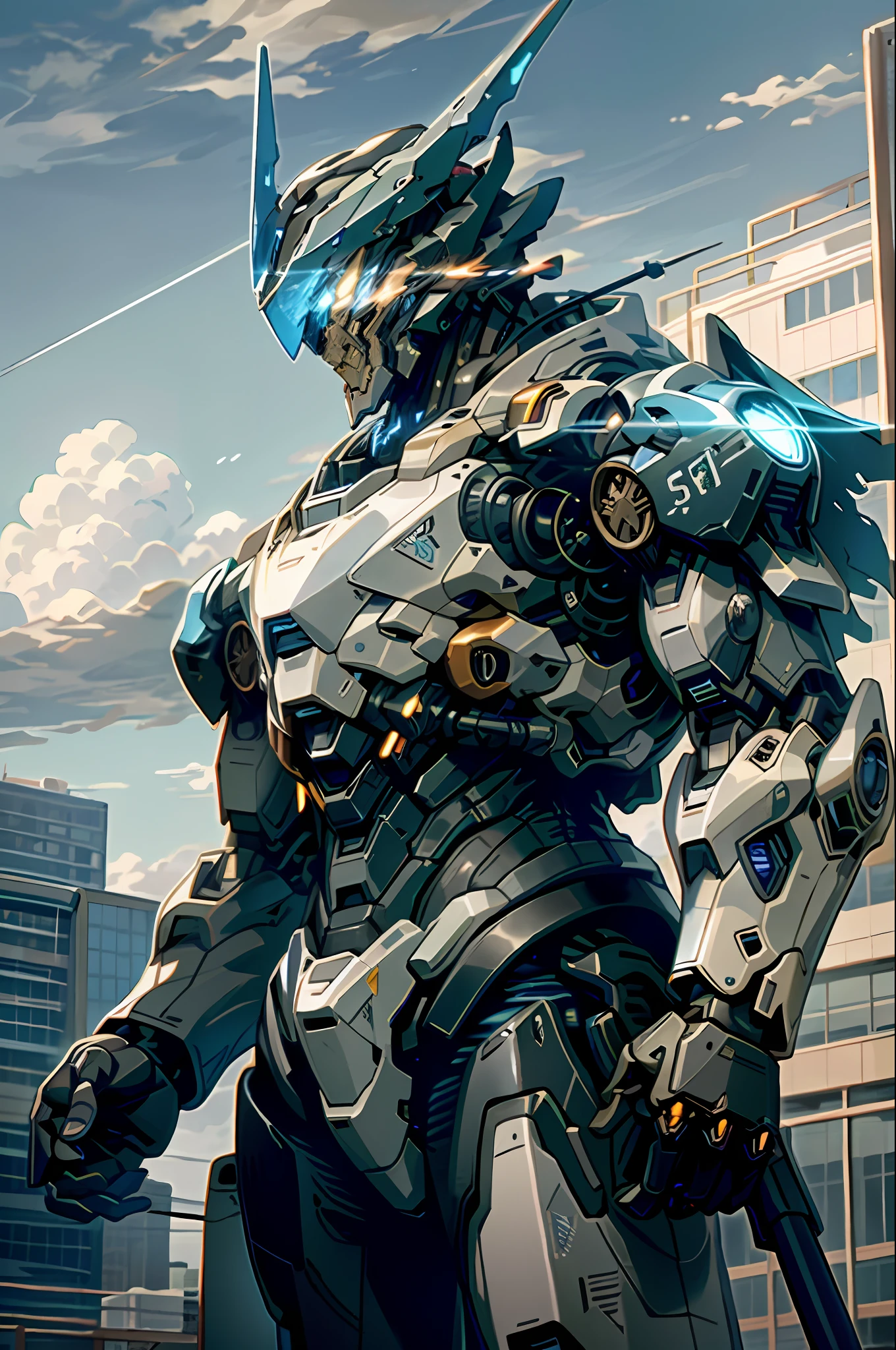 high definition, sky, clouds, spear weapon, glowing, state-of-the-art robot, building, glowing eyes, state-of-the-art mech, science fiction, city, real, blue mech, core in chest