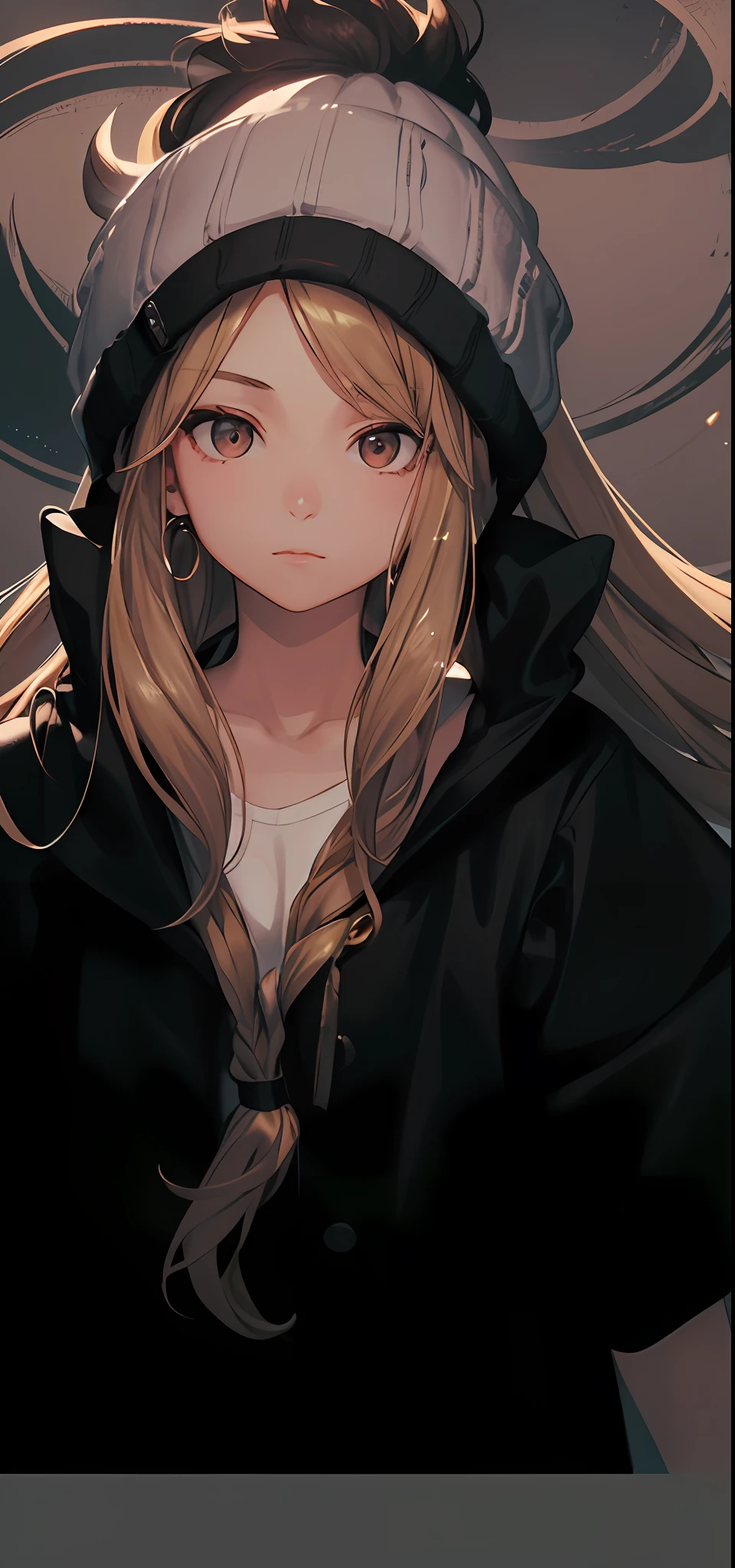 1girl, solo, long hair, light hair, written clothes, brown eyes, looking at the viewer, beanie, lips, upper body, closed mouth, shirt, earrings, high boss excellent quality evolution 8k ambient lighting