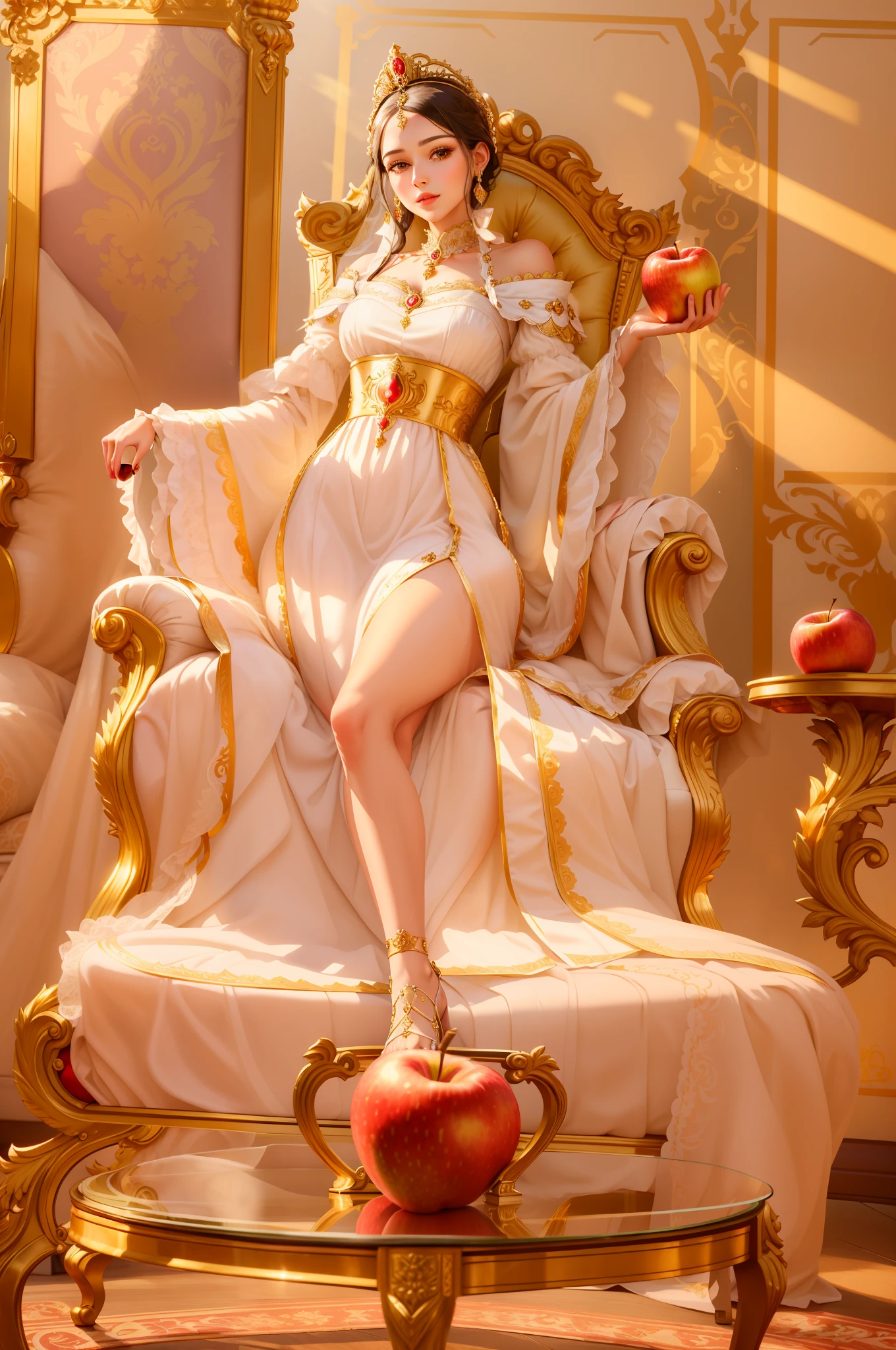 There is a woman sitting on a chair with an apple in her hand, ((a beautiful empress)), ornate white dress, rococo queen, on her throne, elegant royal pose, sitting on her throne, a beautiful empress, sitting on a white throne with golden frame, charming languid princess, on a baroque throne. Black hair, realistic face