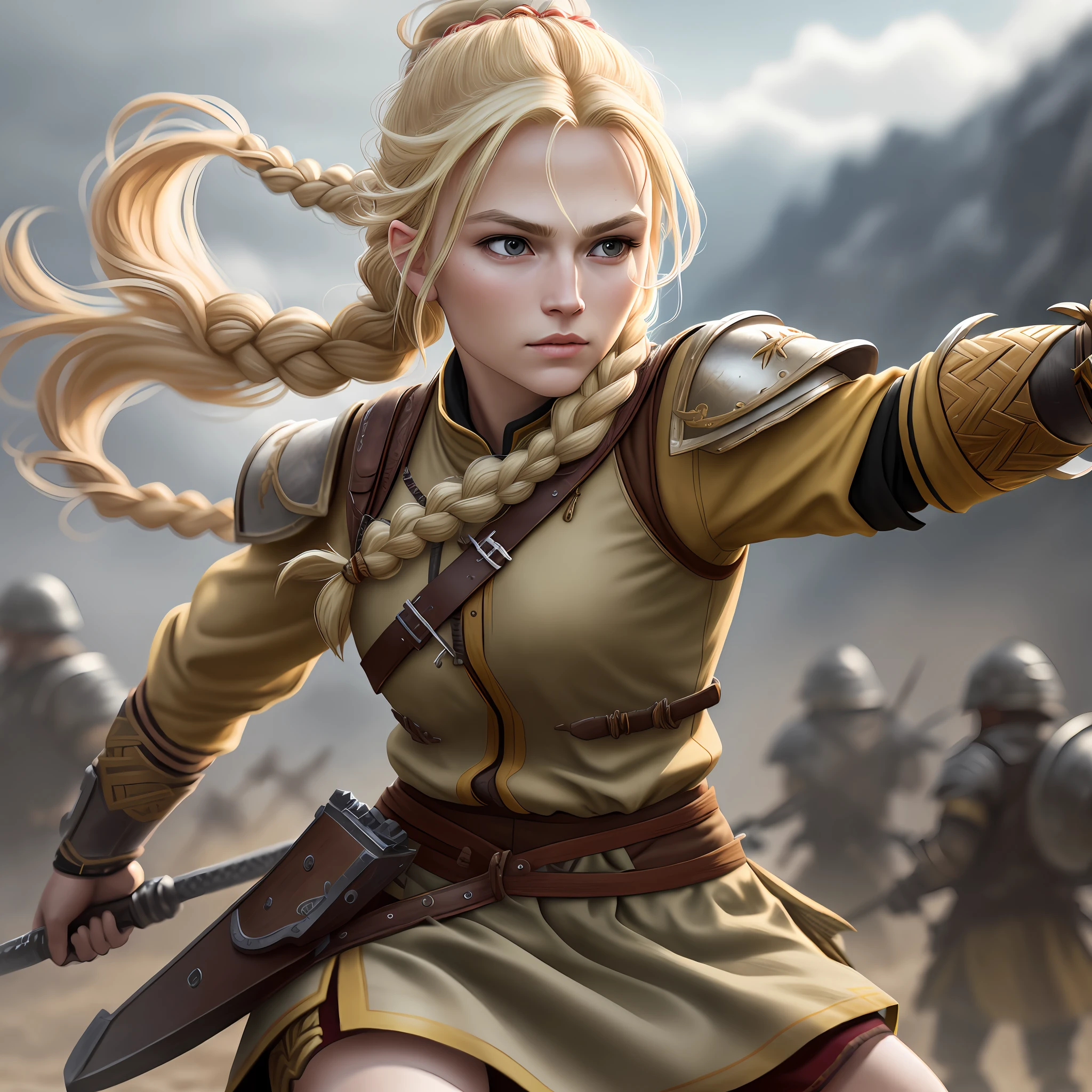 Blonde warrior with braid in hair, ultra realistic, UHD, 8k, 4k, Insane details, (dynamic pose 1.2) war scenario