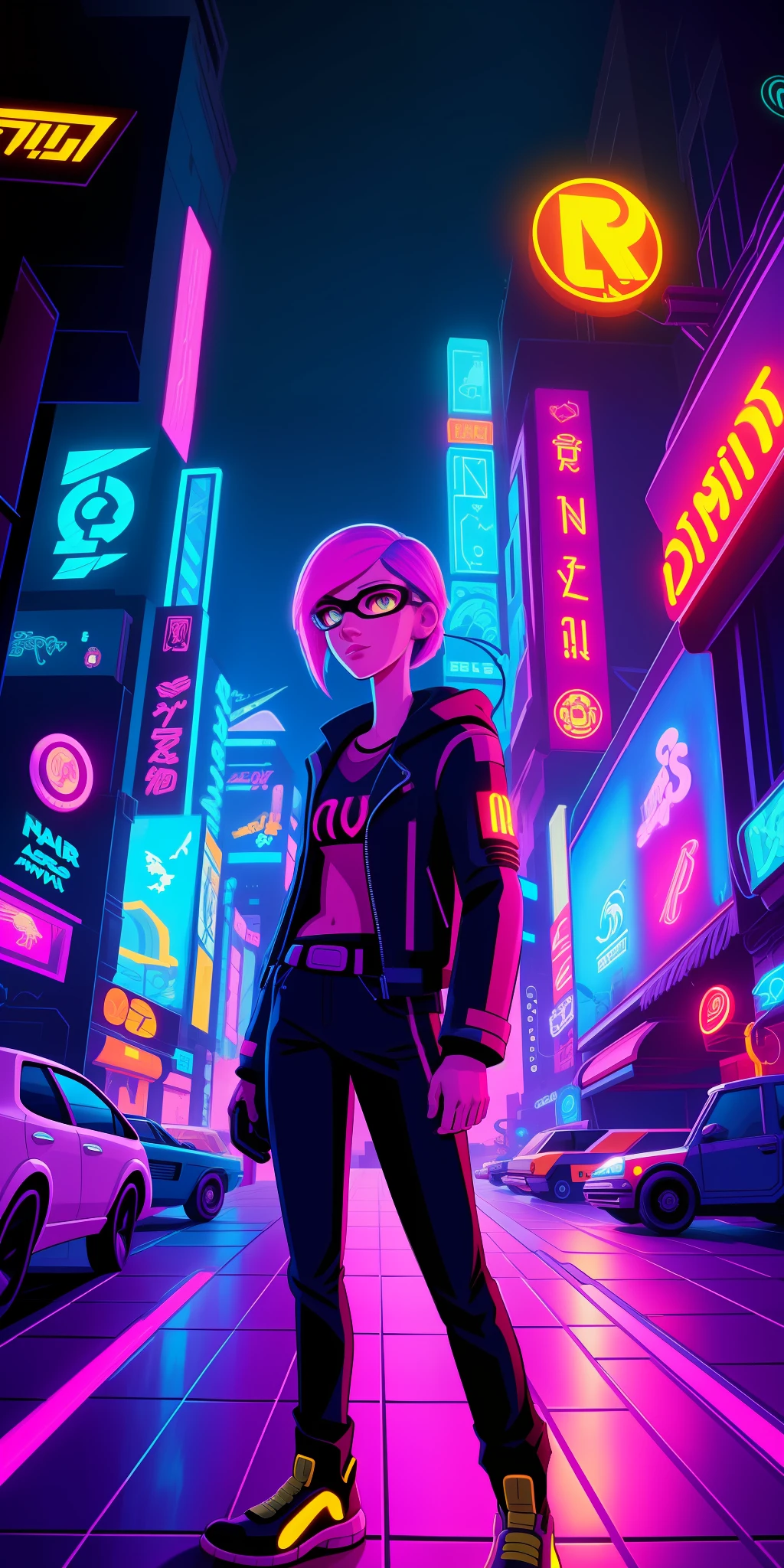 Pixar student cartoon neon cyberpunk
