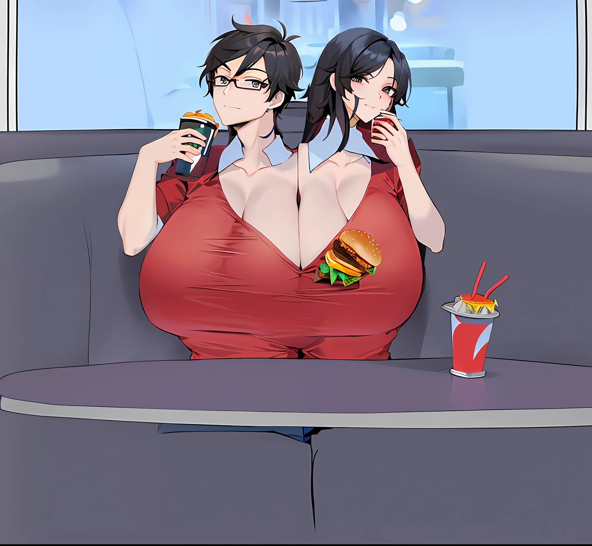 conjoined brother and sister, boy drinking soda, girl eating burger, conjoined twins, two heads, two headed conjoined twins, two heads on one body, giant boobs, cleavage, red low-cut shirt, napkin on boob, stains on shirt, sitting at fast-food restaurant table, sitting in booth, right hand holding a soda while the left hand holds a burger, !!one torso with two heads!!,