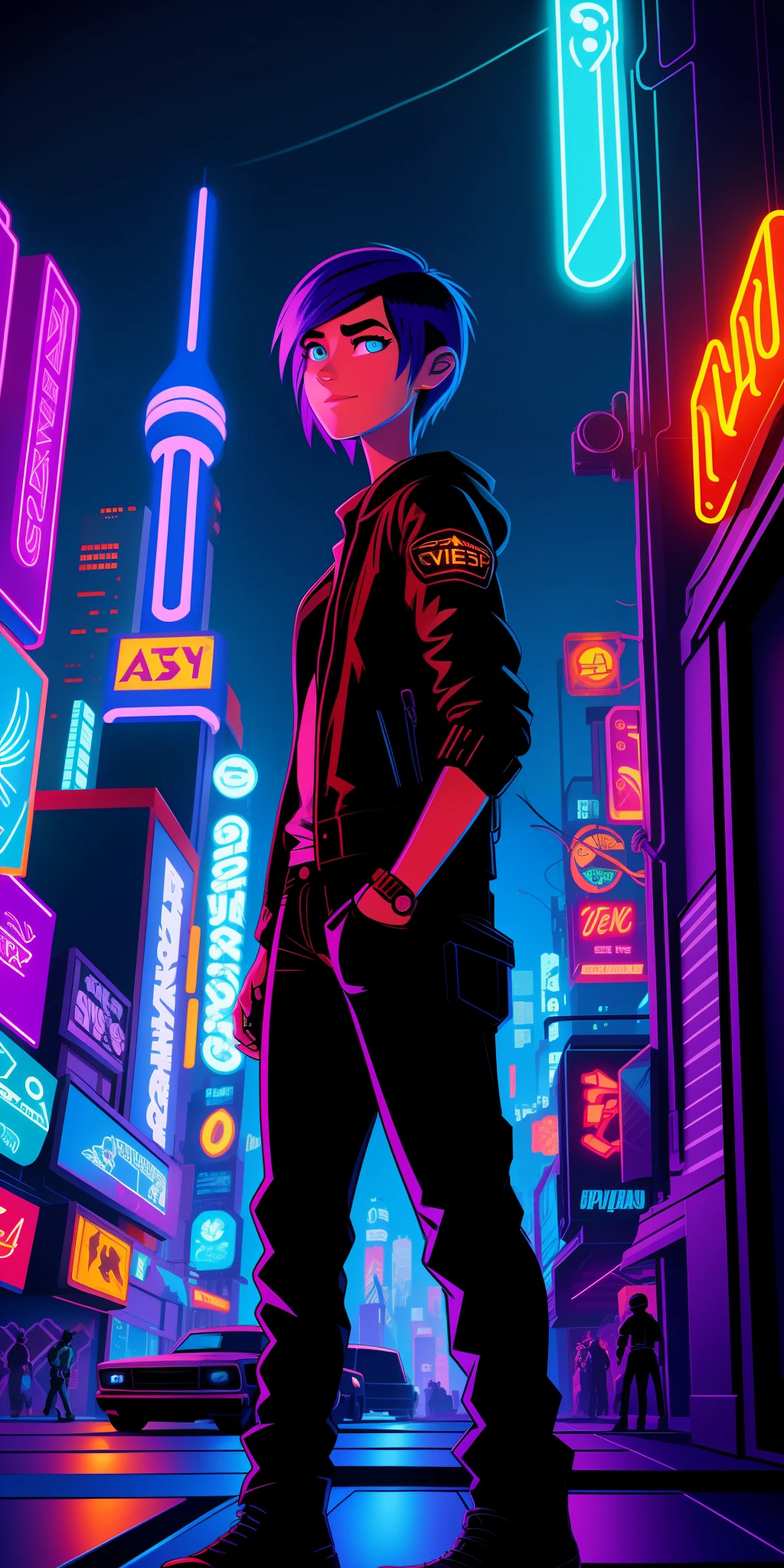 Pixar student cartoon neon cyberpunk
