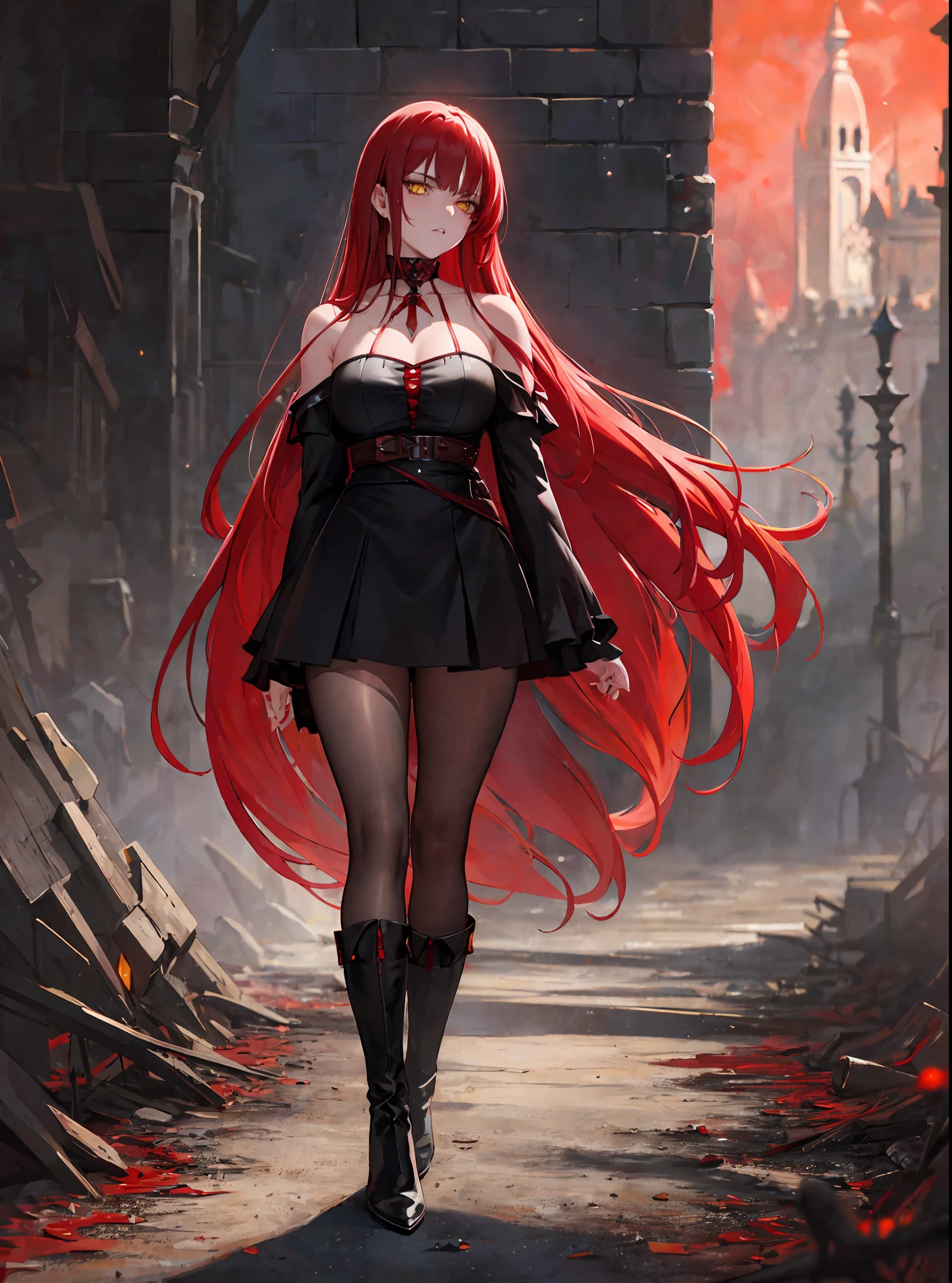 (masterpiece, best quality) an adult woman with very long red hair with short dress, red leather, black bows, long stockings, exposed arms, neckline, black boots, torn clothes, queen, yellow eyes, serious, blood, emotionless, red sky, palace, white walls, luxury, straight bangs, very long red hair, evil, only one character, (yellow eyes), gothic, red forest, medium chest, head-to-waist portrait, cinematics, color oil painting, cinematic lighting, extremely detailed face, finely detailed face, beautiful face, beautiful eyes, perfect lighting, depth of field, realistic proportions, good anatomy,