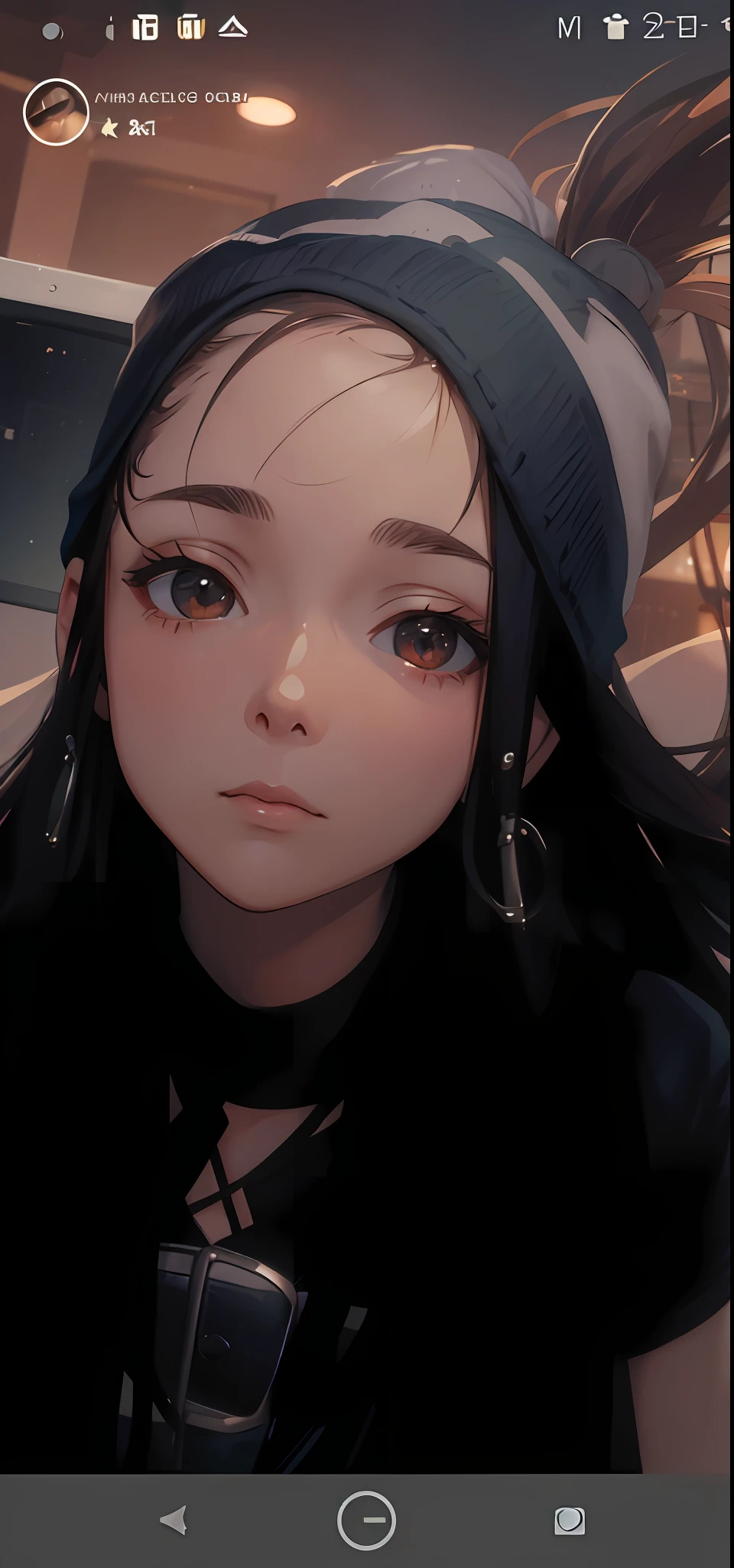 1girl, solo, long hair, light hair, written clothes, brown eyes, looking at the viewer, beanie, lips, upper body, closed mouth, shirt, earrings, high boss excellent quality evolution 8k ambient lighting