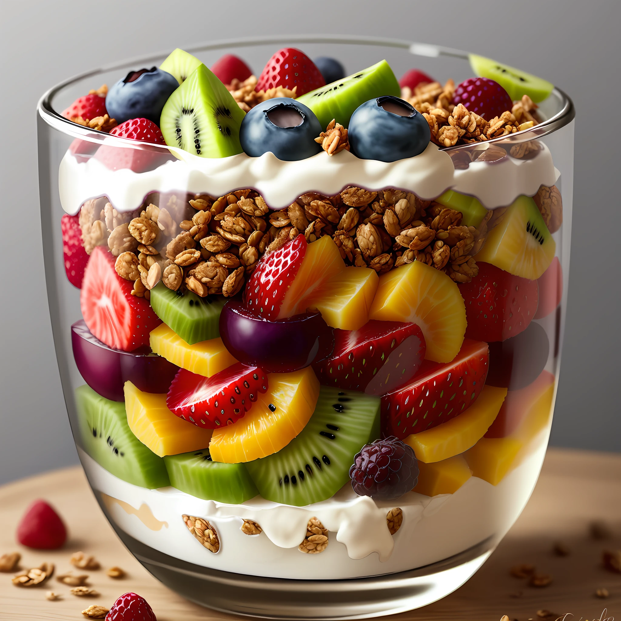 Clear! Here is a visual description of the Yogurt and Fruit Parfait recipe:
A transparent cup or container reveals layers of vibrant colors. At the base is a thick layer of natural low-fat yogurt, with a creamy tone. On top of the yogurt, there is a variety of chopped fresh fruits, such as bright red strawberries, juicy purple blueberries, and pieces of vibrant green kiwi. These fruits add a touch of freshness and an explosion of colors to the dessert. A tablespoon of granola with no added sugar is gently spread over the fruits, adding crunch and texture. Finally, small chia seeds are sprinkled over the granola, adding a touch of visual contrast. At the top of the glass, you can see the combination of colorful layers, creating an attractive, balanced and delicious dessert.