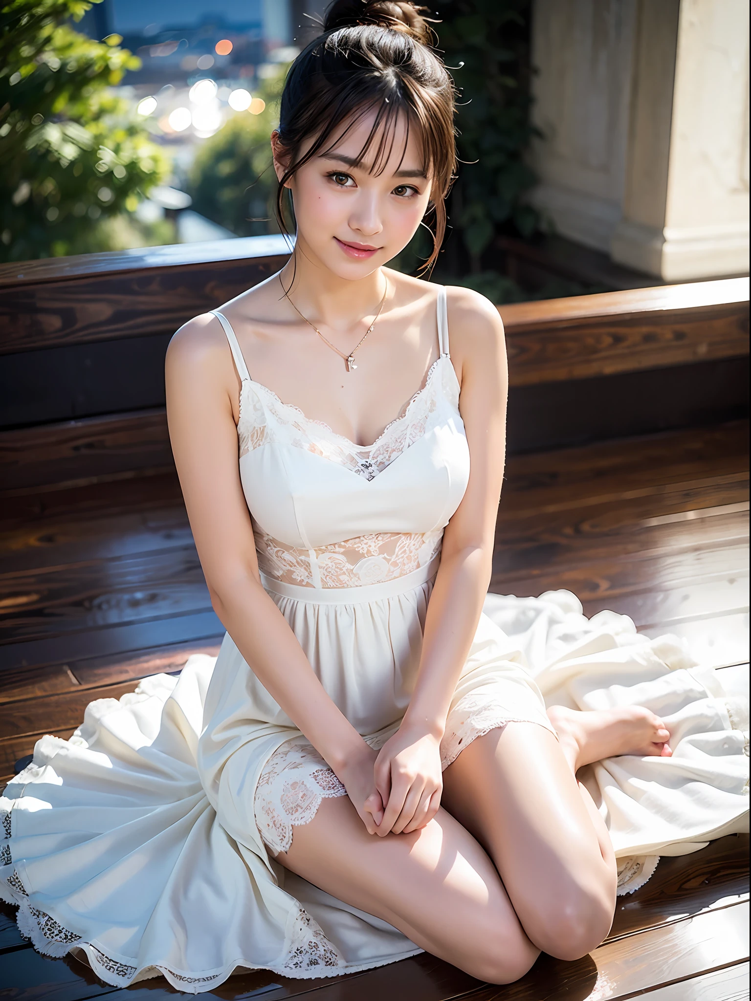 Full body photo, (very delicate and beautiful work), (masterpiece), 1girl, girl in a white dress, high detail, waist leaking, ponytail twisted, happy, smile, attractive expression, clear beautiful eyes, charming smile, delicate necklace, delicate earrings, fairy ears, real light and shadow, description of extreme details, beautiful and charming, ultra-fine painting, delicate face, delicate figure, Delicate collarbone, cute lips, beautiful big breasts, mix4, (8k, RAW photo, top quality, master: 1.2), (realistic, photorealistic: 1.37), 1 girl, cute, cityscape, night, rain, wet, professional lighting, photon mapping, radiosity, physically based rendering,