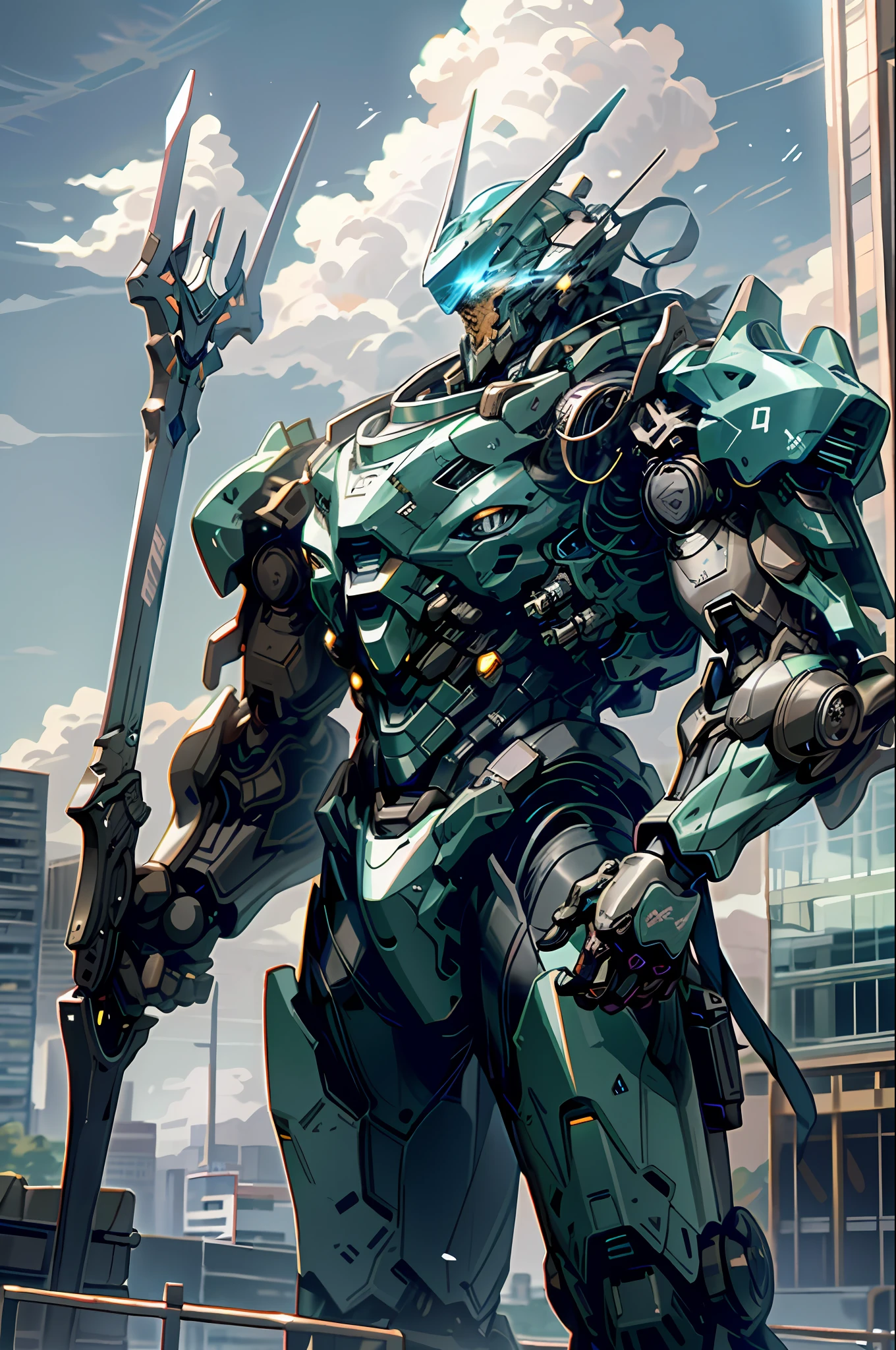 high definition, sky, clouds, spear weapon, glowing, state-of-the-art robot, building, glowing eyes, state-of-the-art mech, science fiction, city, real, blue main mech, core on chest,like Poseidon,