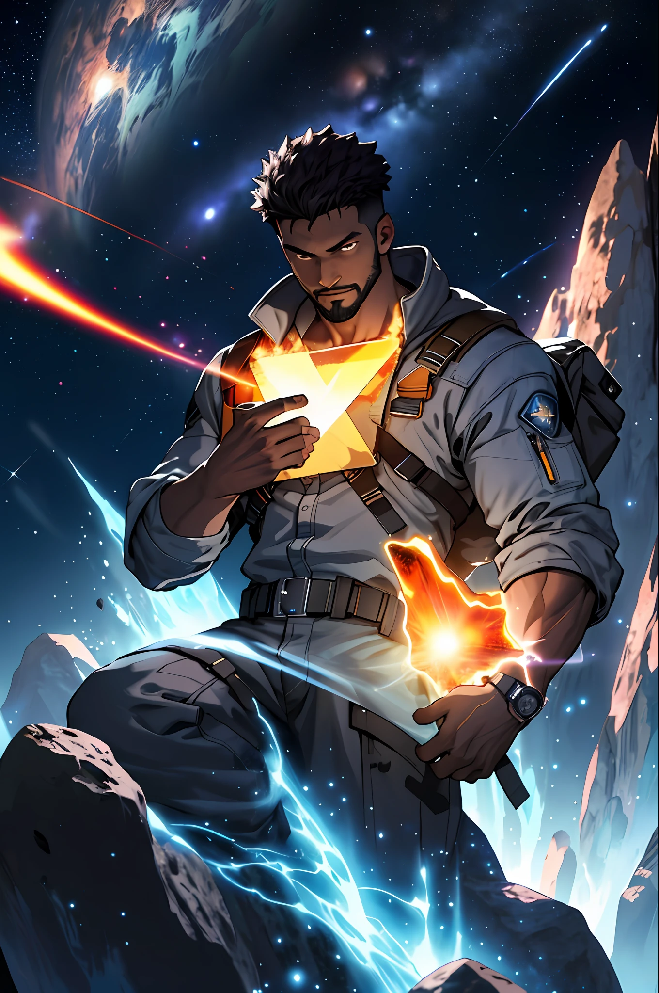 Draw a young black man with a scar on his programmer eye sitting on a research platform floating in the middle of an asteroid belt. He's studying with a laptop, surrounded by several asteroids glowing with auras of fire, holding one based in one hand and a lighter in the other. The dramatic illumination of distant stars and planets illuminates the scene, casting deep shadows on the costume. The young man seems confident and determined, looking at the vast and mysterious universe with admiration and respect, beard, cowboy shot,
