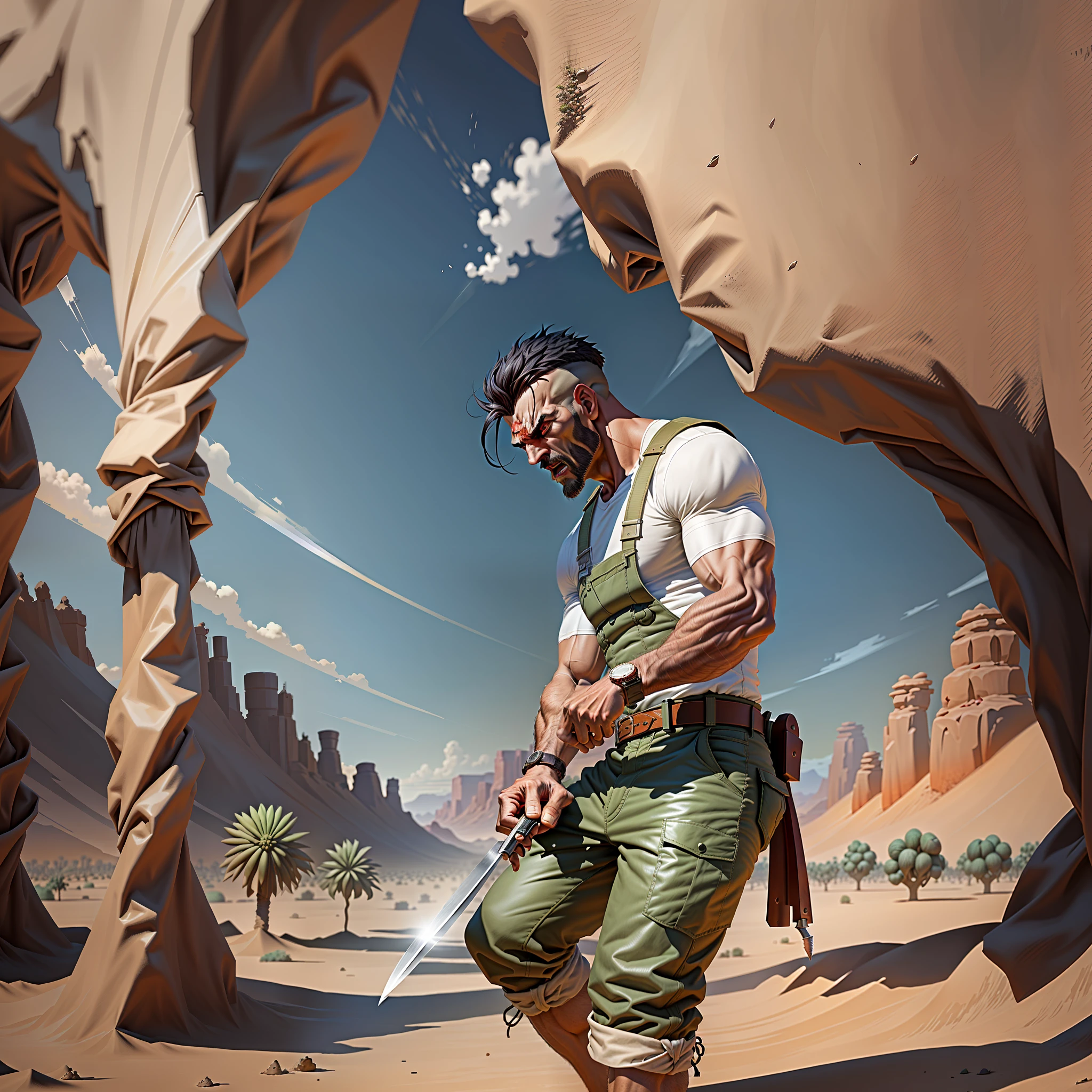 Very angry man with a watch and a big knife in a desert with pepper plantations