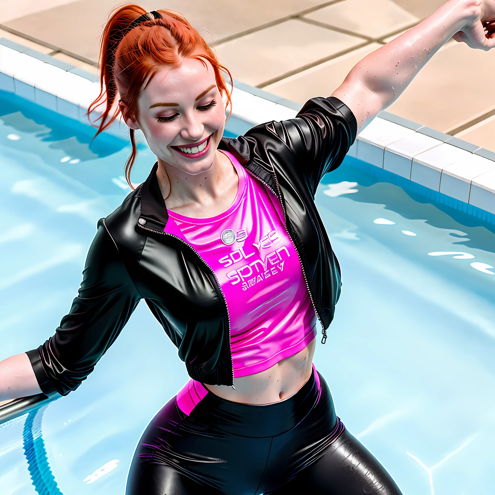 Realistic full body photo, solo, 1woman, 25 years old, ginger, wet Tshirt with colourful logo, wet open sport jacket, wet black and pink leggings, floating in a pool, aerial view, smiling, closed eyes, wet hair