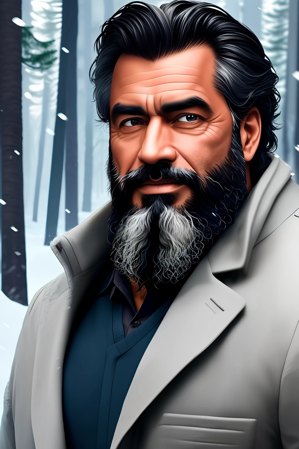 A handsome middle-aged man with a well-groomed beard gray eyes dark skin with a background image of a blizzard forest