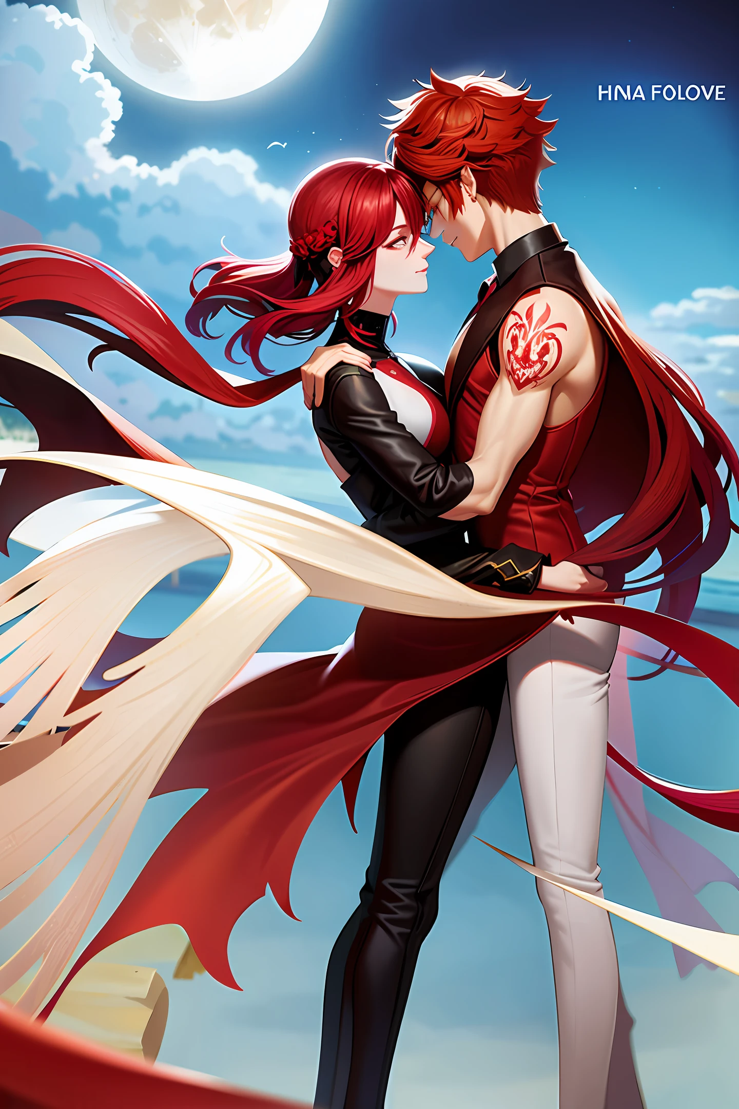 Cover of a book with a red-haired white woman with a tattoo of a red flower on her shoulder, cuddled with a man looking at each other in love, with the man with black hair a little taller than her, she with a red dress glued and the man in a black suit on top of a mountain with a beautiful landscape of the giant moon.